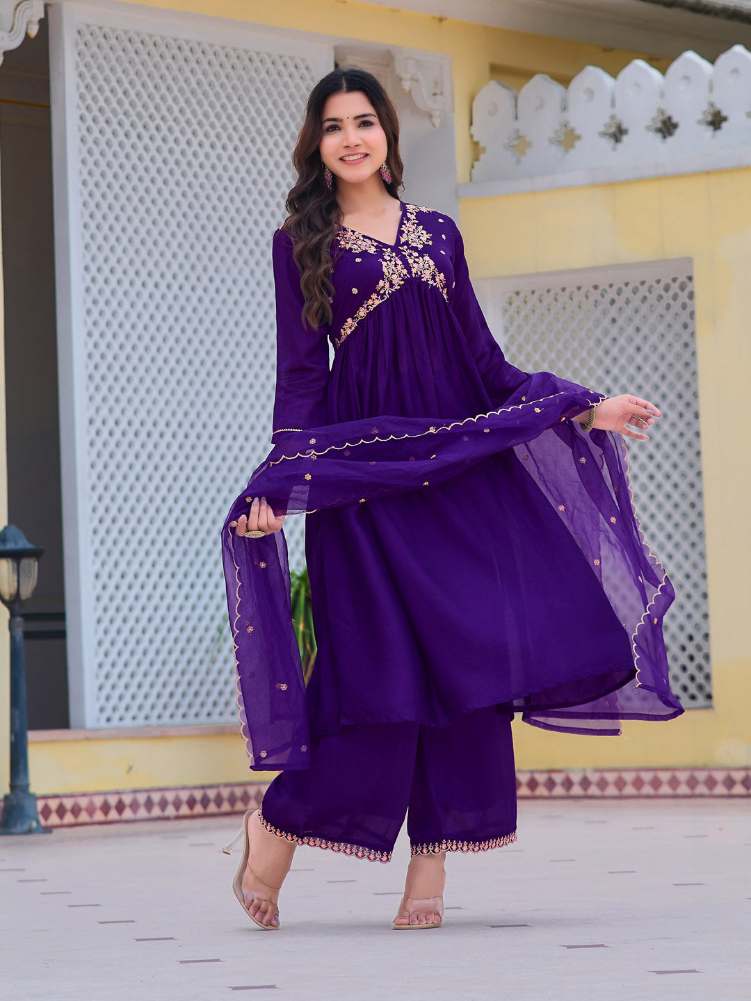 Alia Cut Embroidered Kurta With Pant & Dupatta, Purple - Hiral Fashion