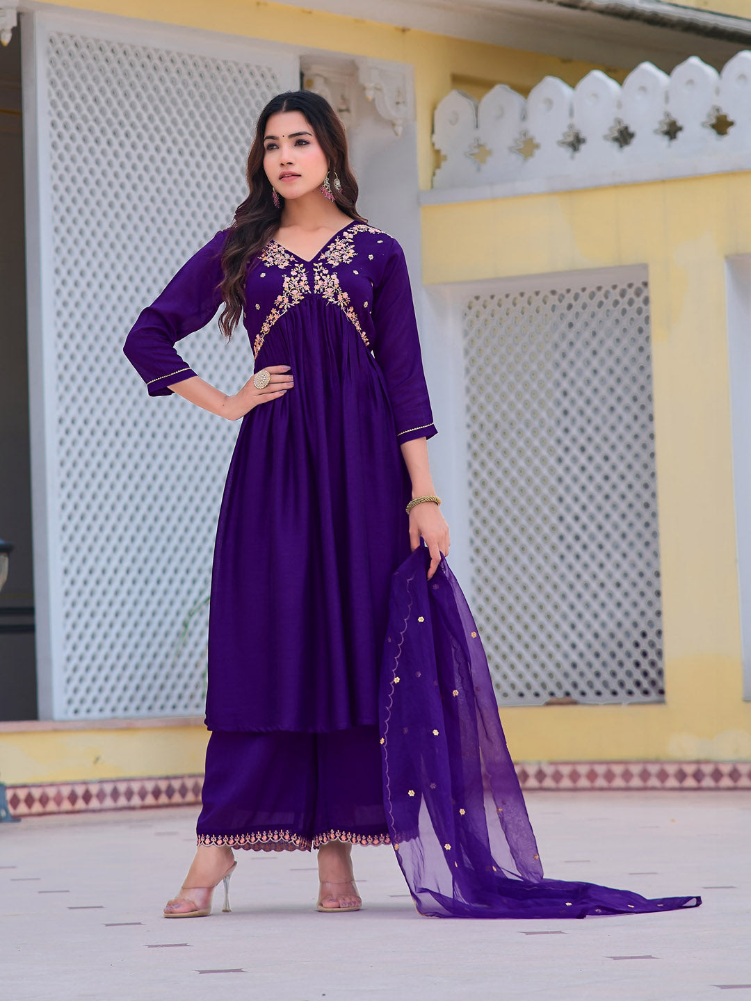 Alia Cut Embroidered Kurta With Pant & Dupatta, Purple - Hiral Fashion