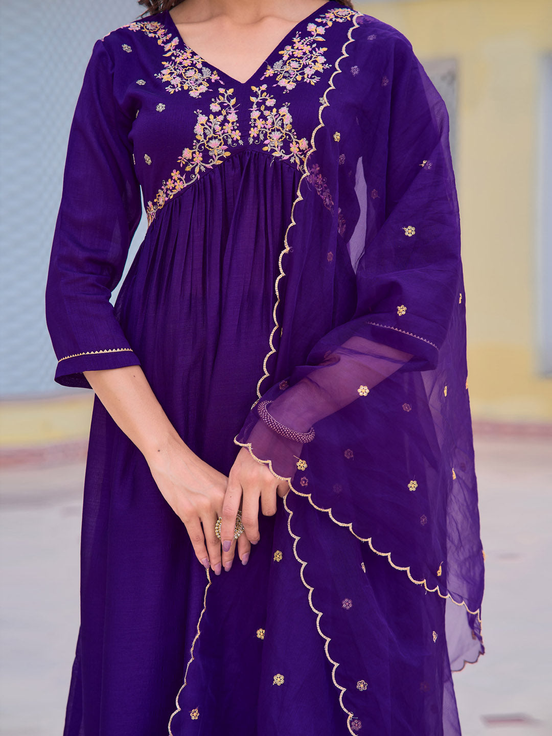 Alia Cut Embroidered Kurta With Pant & Dupatta, Purple - Hiral Fashion