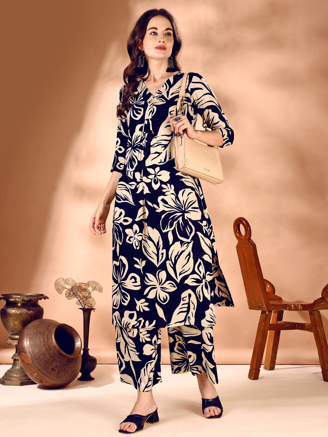 Botanical Printed Co Ords Set, Navy Blue - Hiral Fashion