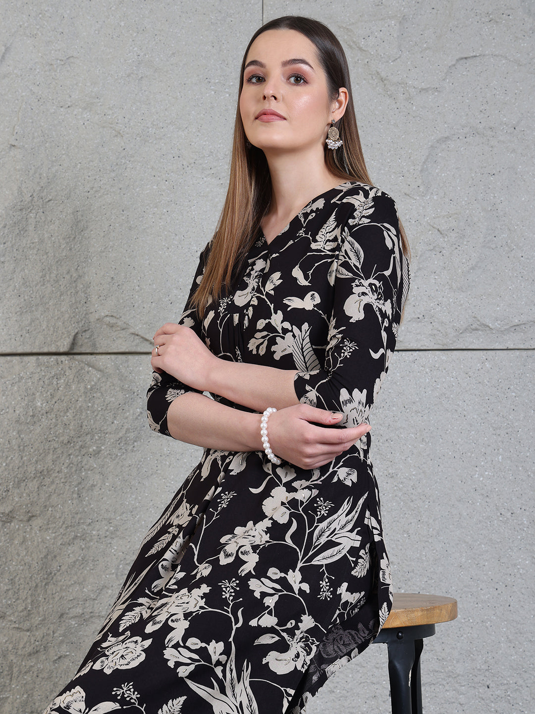Botanical Printed Kurta With Palazzo Co-Ords Set, Black - Hiral Fashion