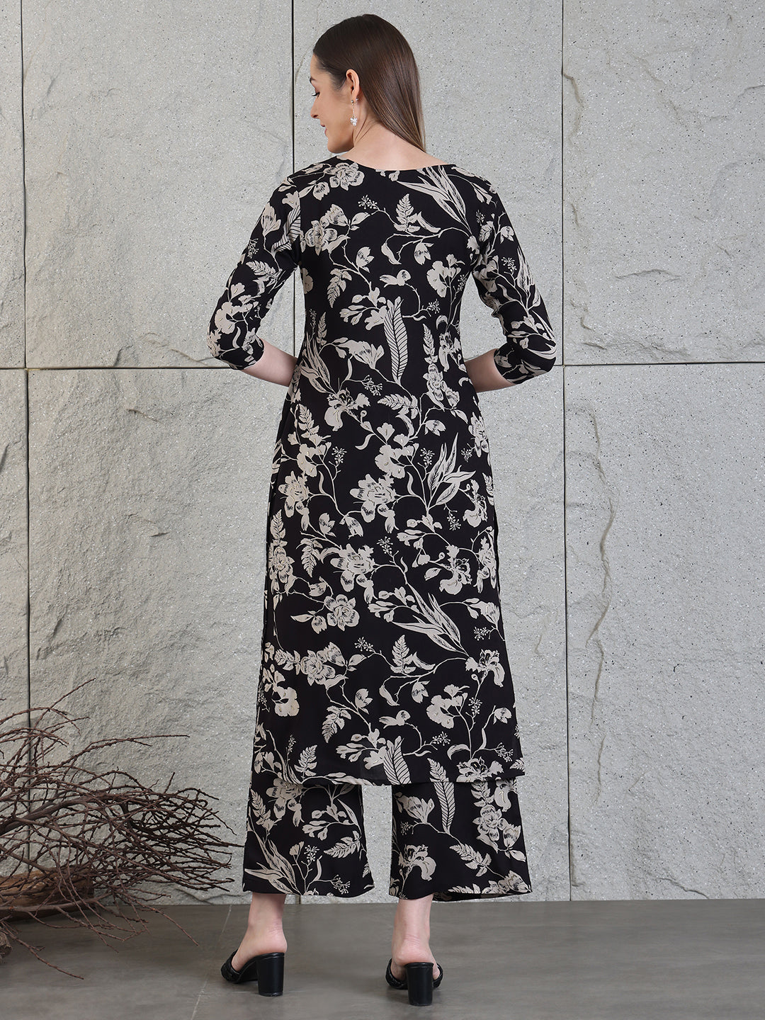 Botanical Printed Kurta With Palazzo Co-Ords Set, Black - Hiral Fashion