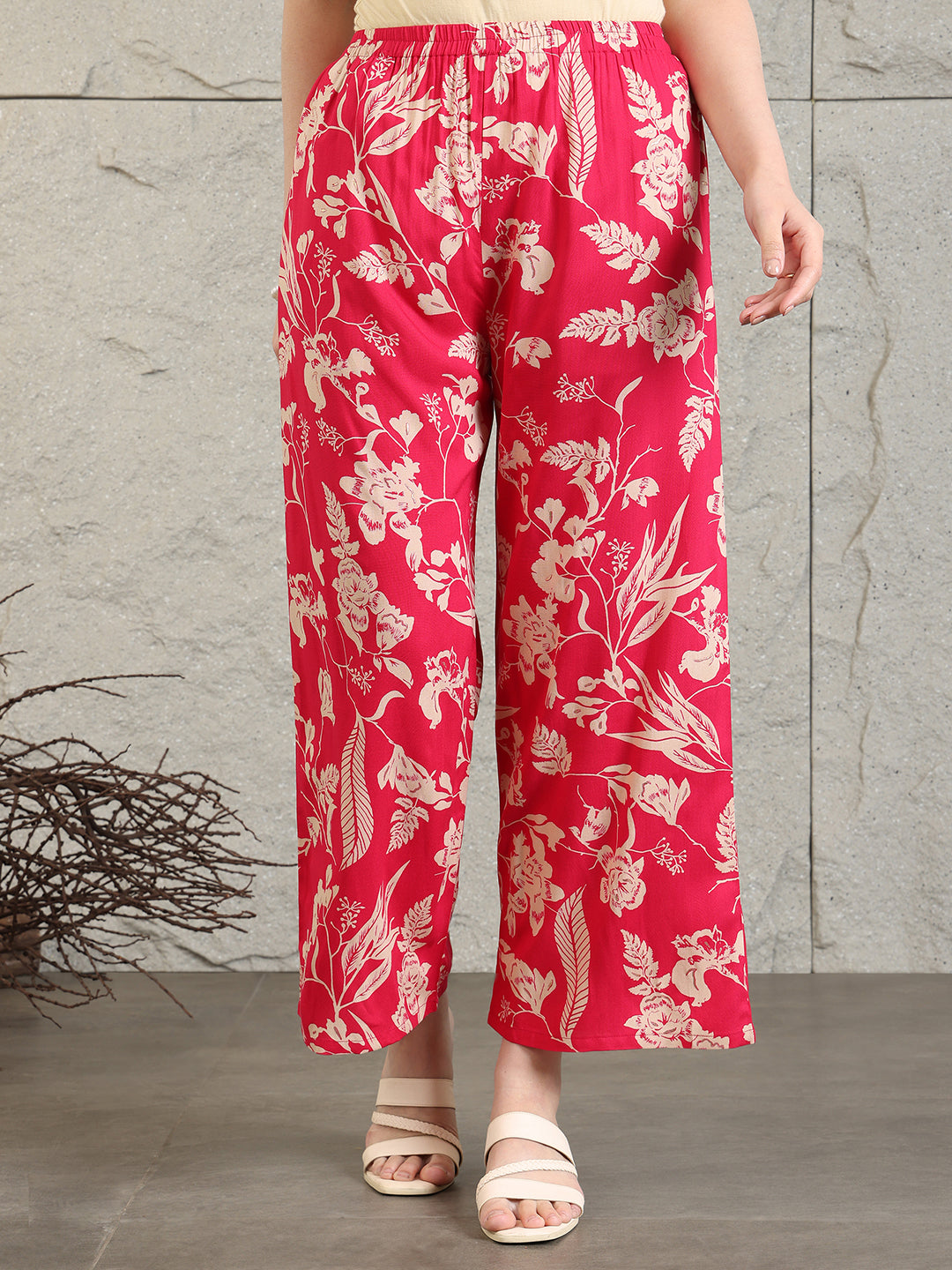 Botanical Printed Kurta With Palazzo Co-Ords Set, Pink - Hiral Fashion