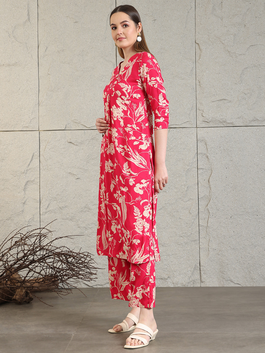 Botanical Printed Kurta With Palazzo Co-Ords Set, Pink - Hiral Fashion