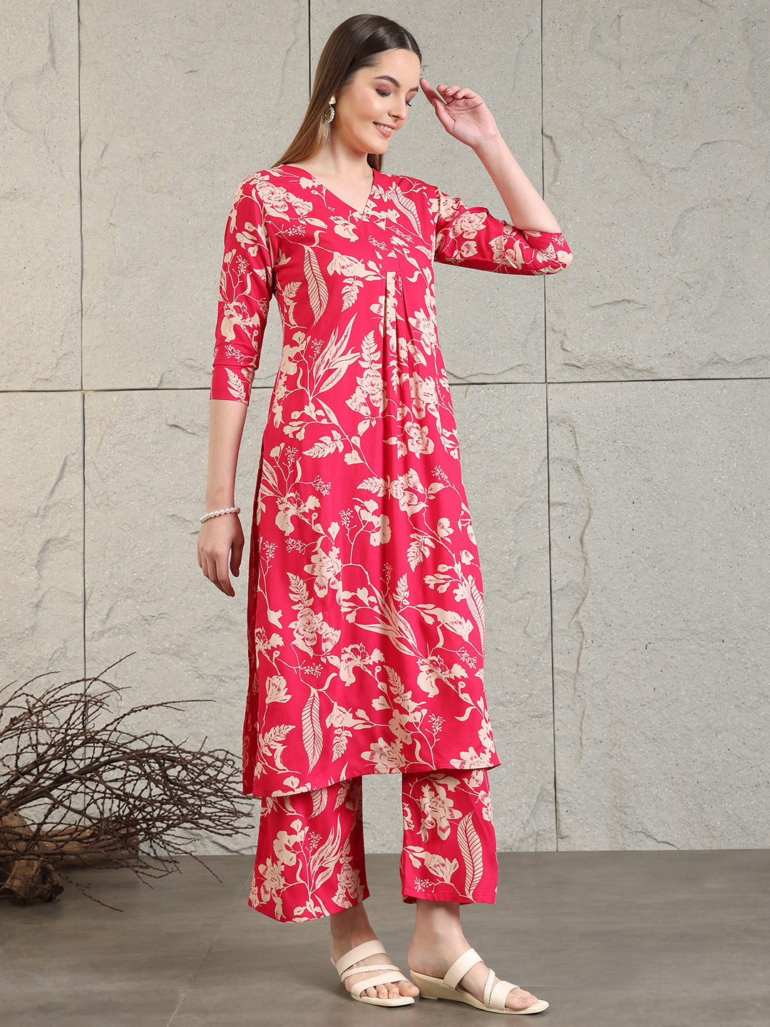 Botanical Printed Kurta With Palazzo Co-Ords Set, Pink - Hiral Fashion