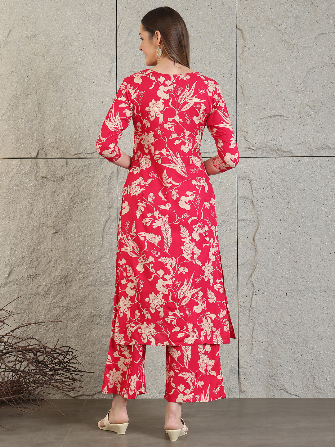 Botanical Printed Kurta With Palazzo Co-Ords Set, Pink - Hiral Fashion