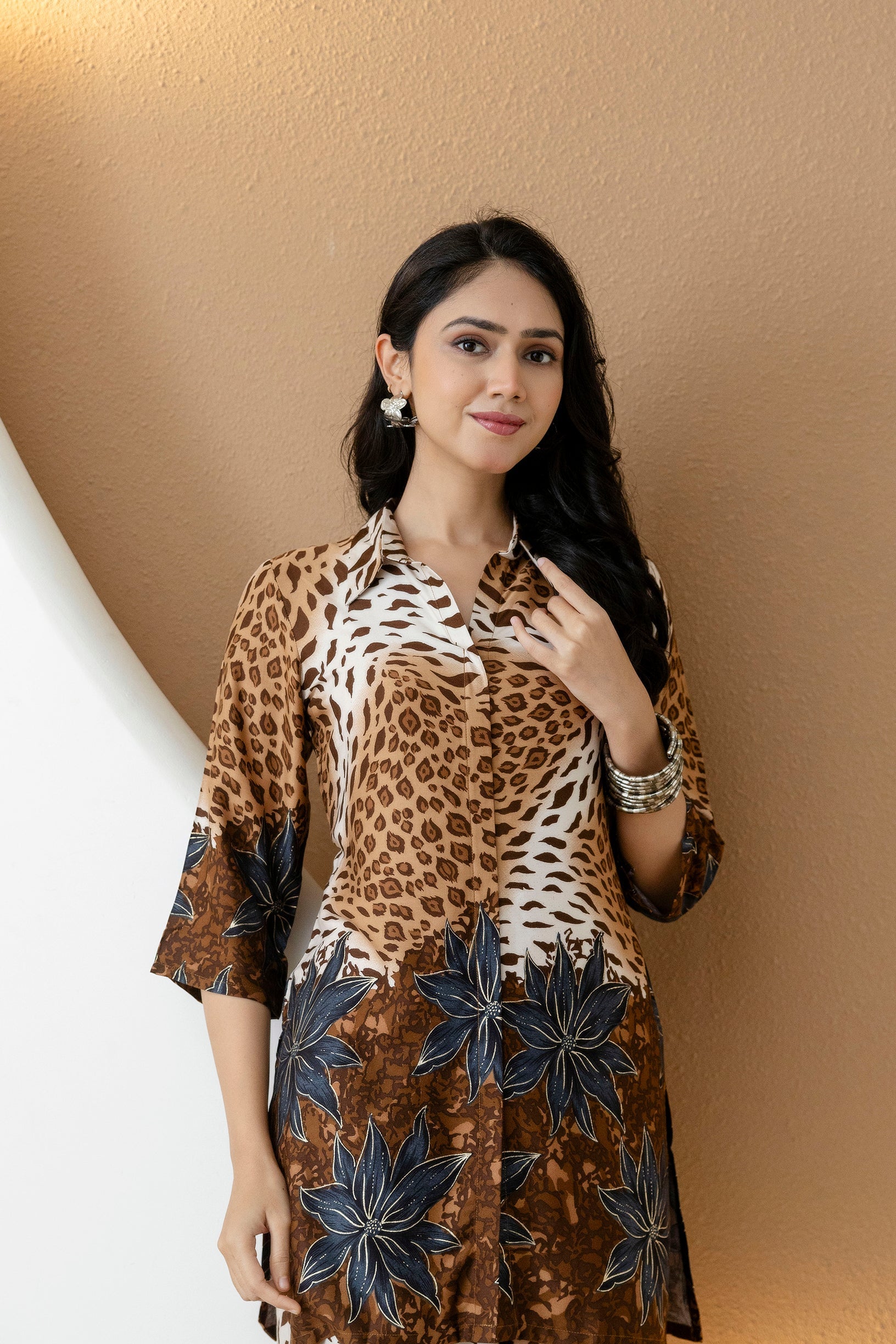 Animal & Floral Motifs Printed Ethnic Co-Ord Set, Brown - Hiral Fashion