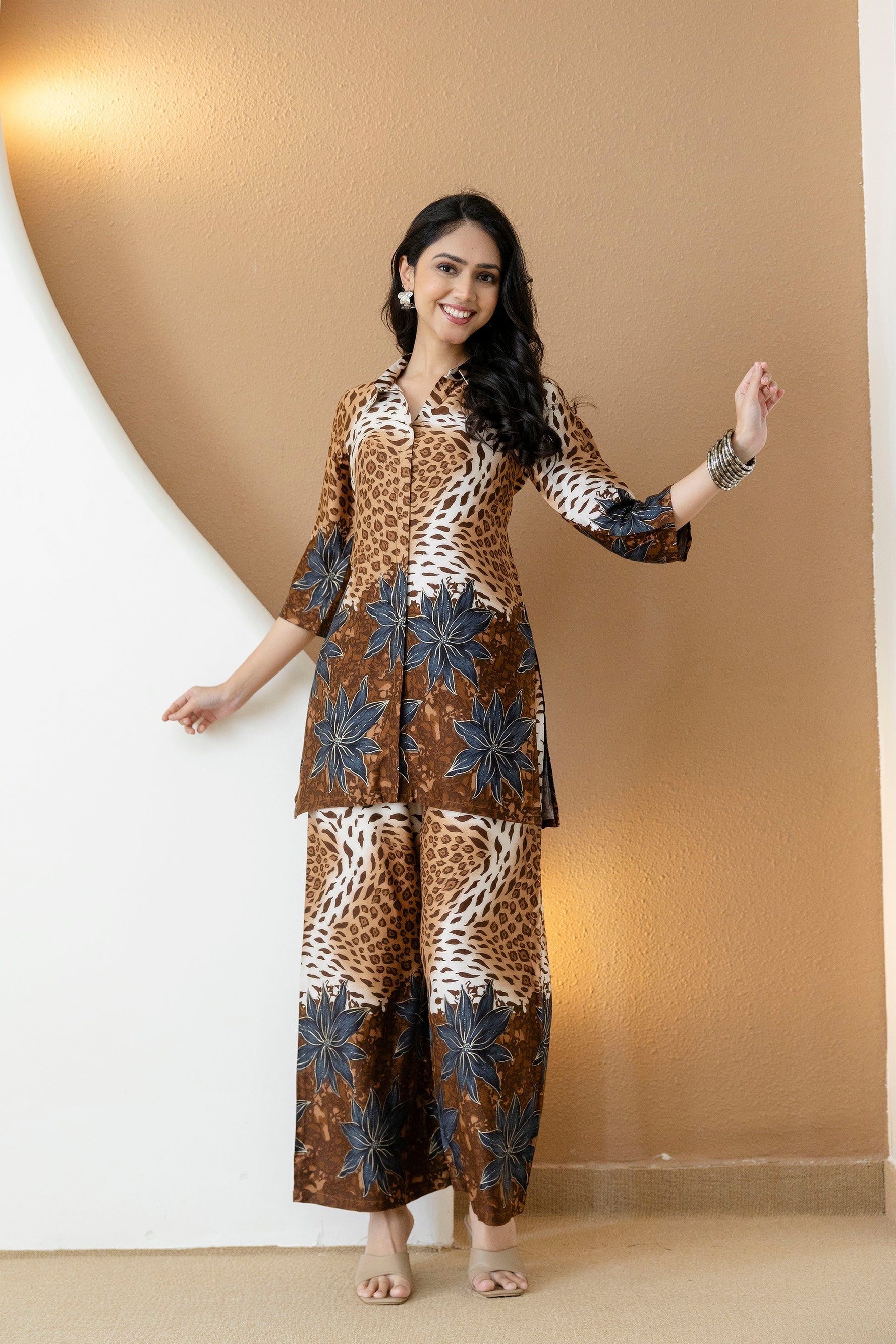 Animal & Floral Motifs Printed Ethnic Co-Ord Set, Brown - Hiral Fashion