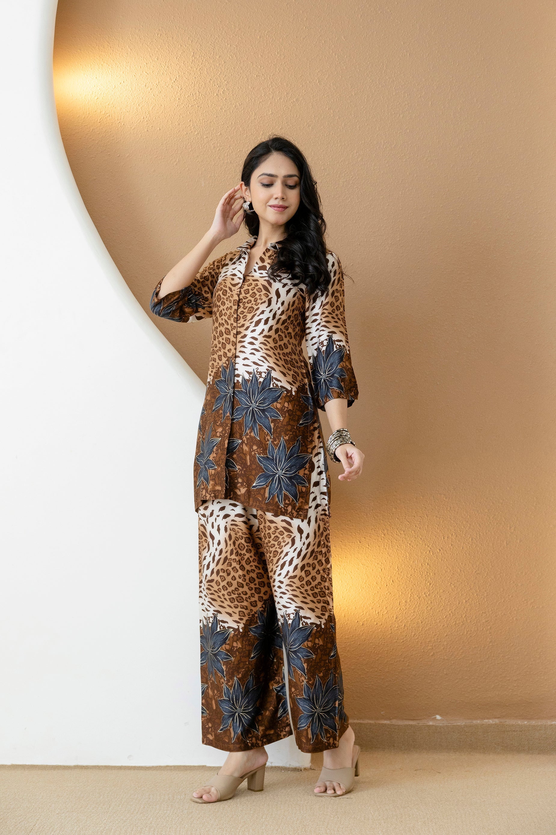 Animal & Floral Motifs Printed Ethnic Co-Ord Set, Brown - Hiral Fashion