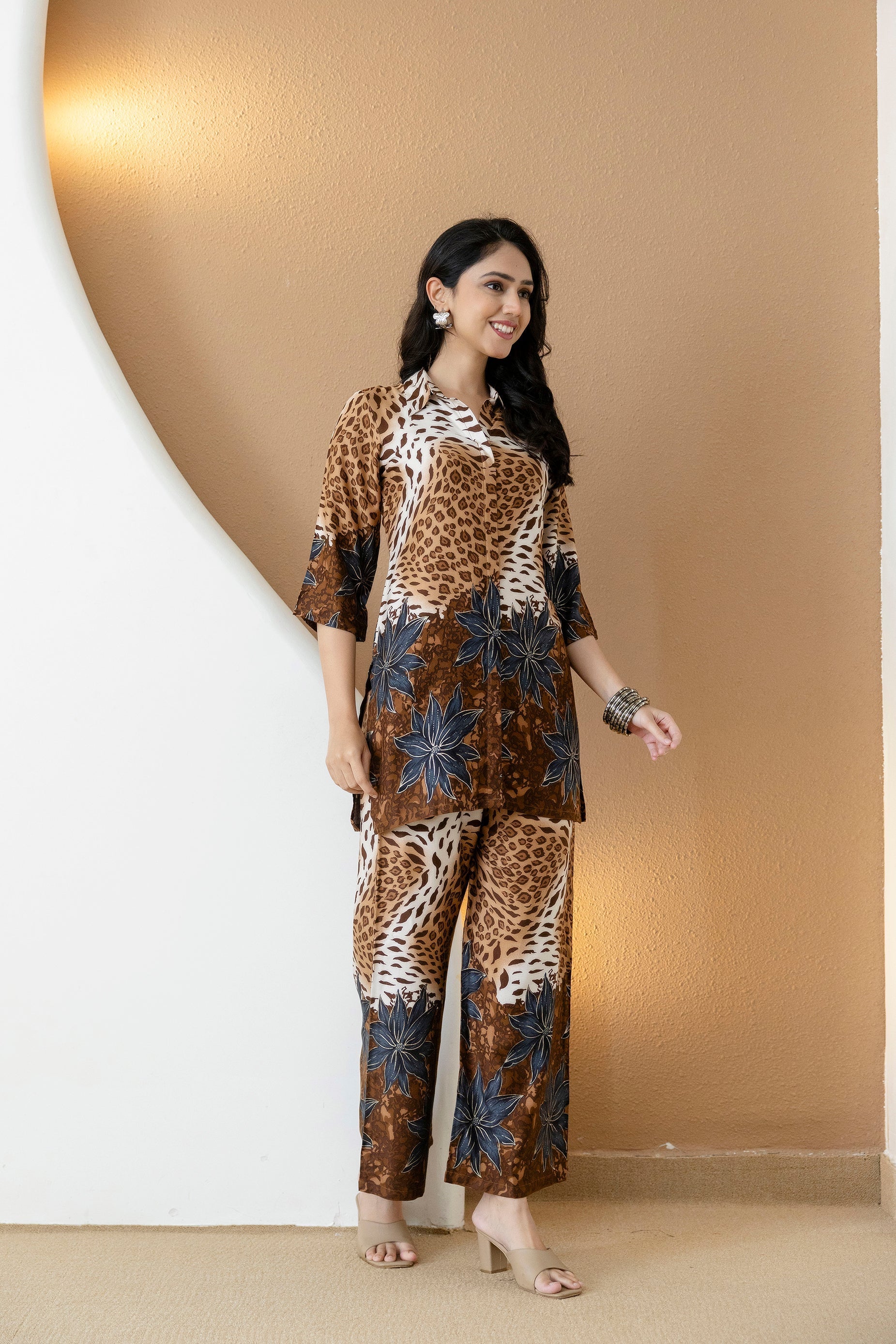 Animal & Floral Motifs Printed Ethnic Co-Ord Set, Brown - Hiral Fashion