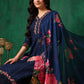 Applique Placement Embroidered Kurta With Pant & Dupatta, Navy Blue - Hiral Fashion