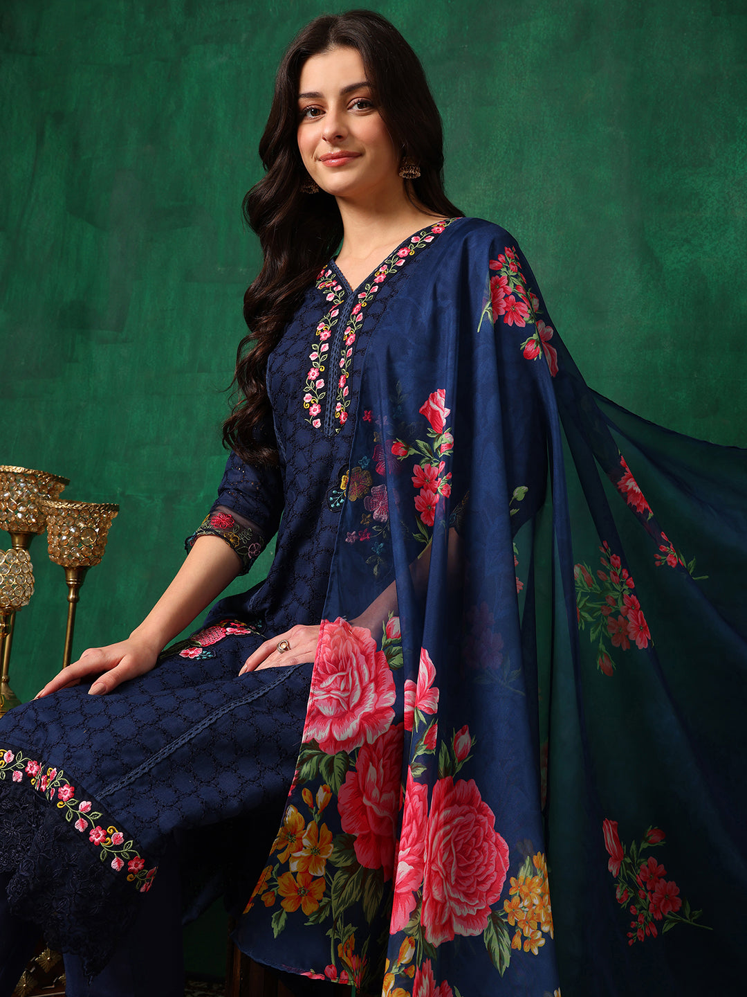 Applique Placement Embroidered Kurta With Pant & Dupatta, Navy Blue - Hiral Fashion