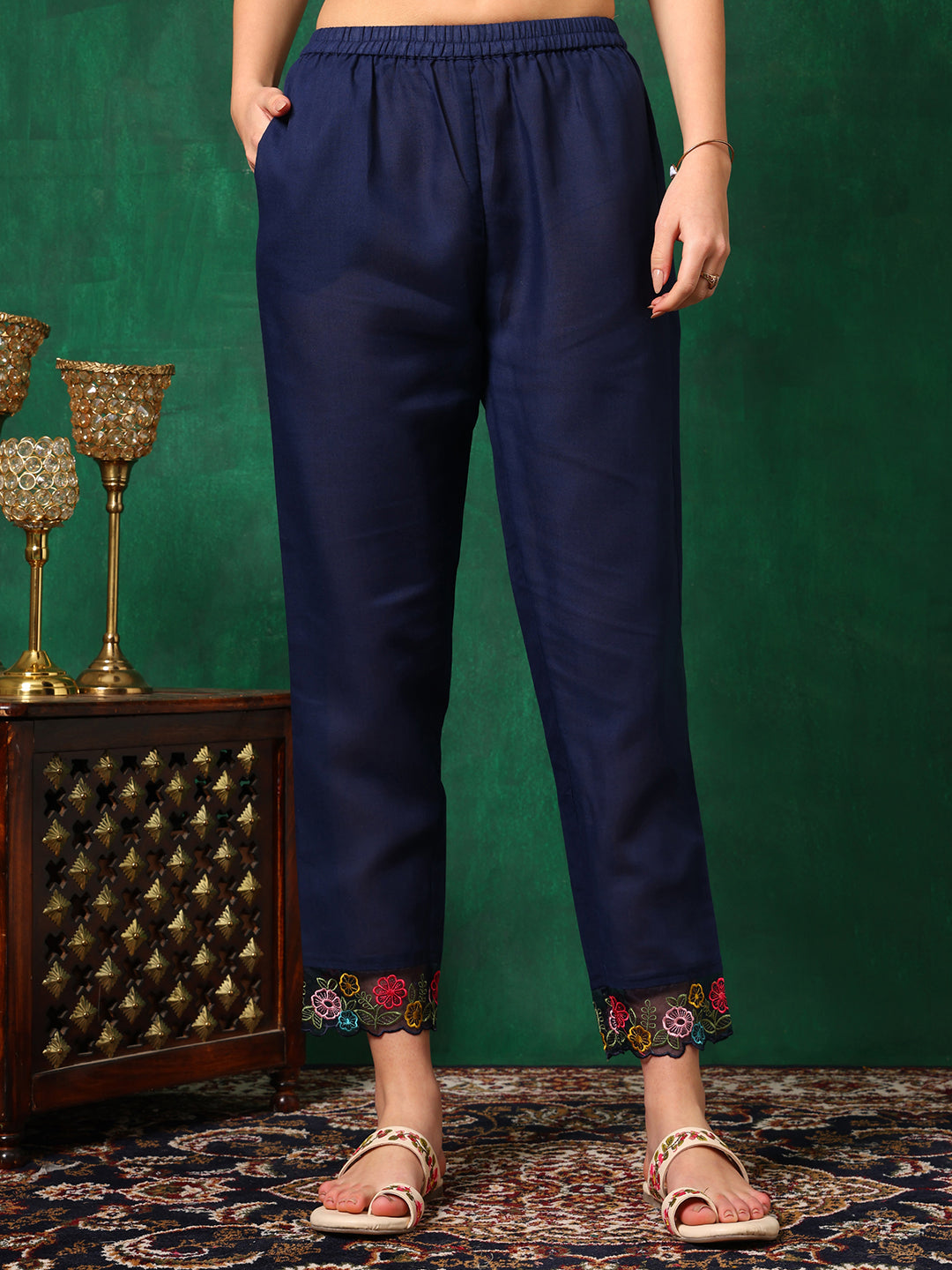 Applique Placement Embroidered Kurta With Pant & Dupatta, Navy Blue - Hiral Fashion