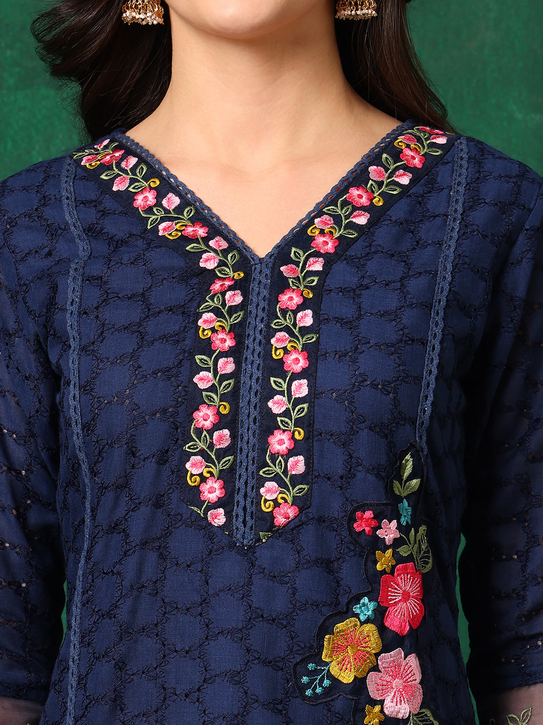 Applique Placement Embroidered Kurta With Pant & Dupatta, Navy Blue - Hiral Fashion