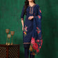 Applique Placement Embroidered Kurta With Pant & Dupatta, Navy Blue - Hiral Fashion