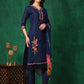 Applique Placement Embroidered Kurta With Pant & Dupatta, Navy Blue - Hiral Fashion