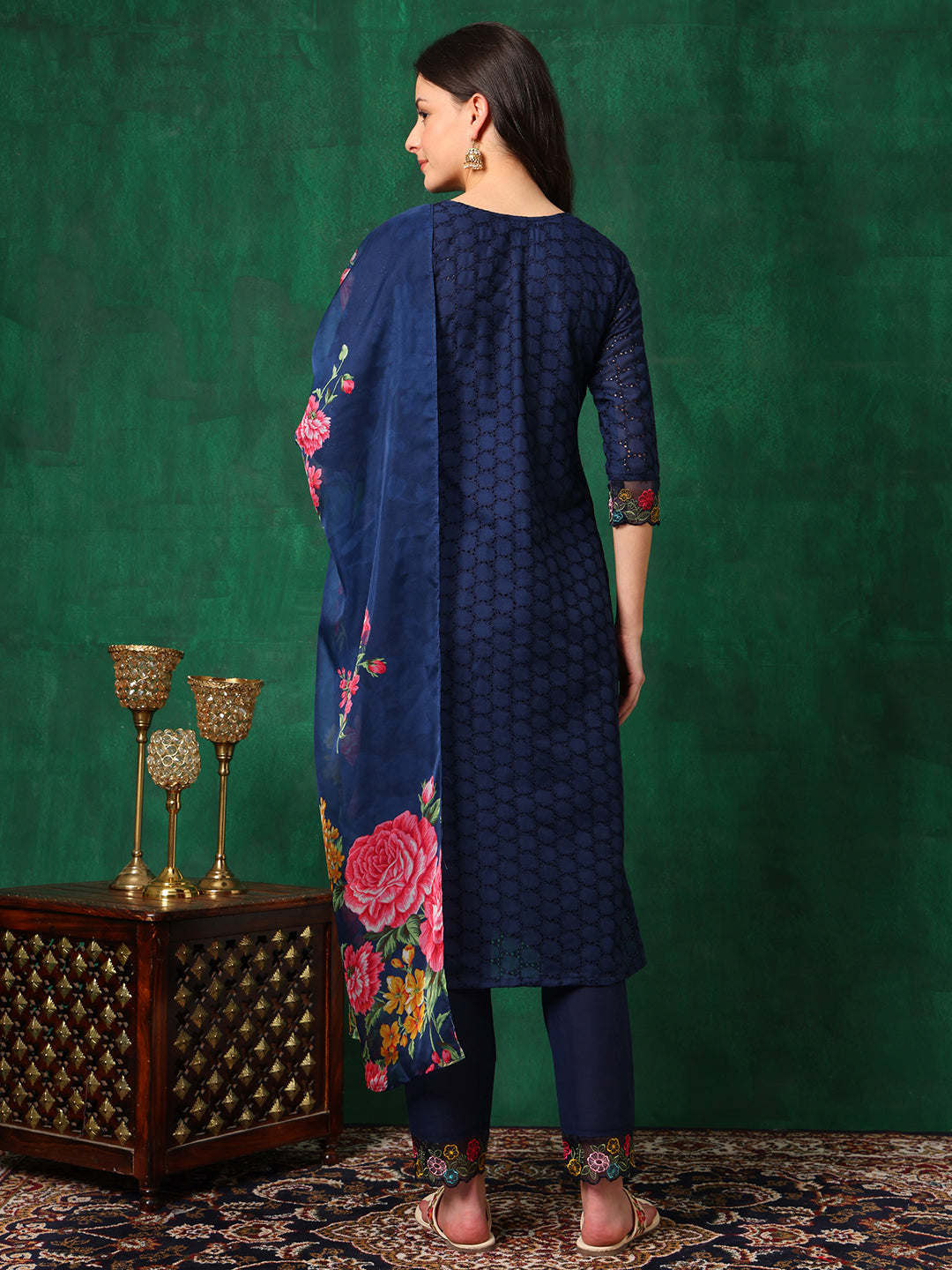 Applique Placement Embroidered Kurta With Pant & Dupatta, Navy Blue - Hiral Fashion