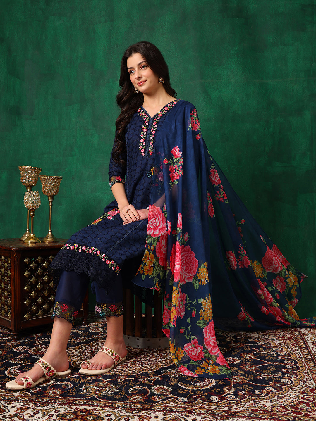 Applique Placement Embroidered Kurta With Pant & Dupatta, Navy Blue - Hiral Fashion