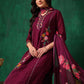 Applique Placement Embroidered Kurta With Pant & Dupatta, Wine - Hiral Fashion