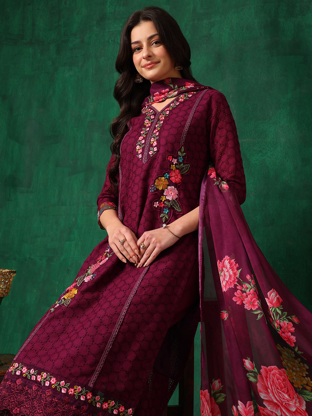 Applique Placement Embroidered Kurta With Pant & Dupatta, Wine - Hiral Fashion