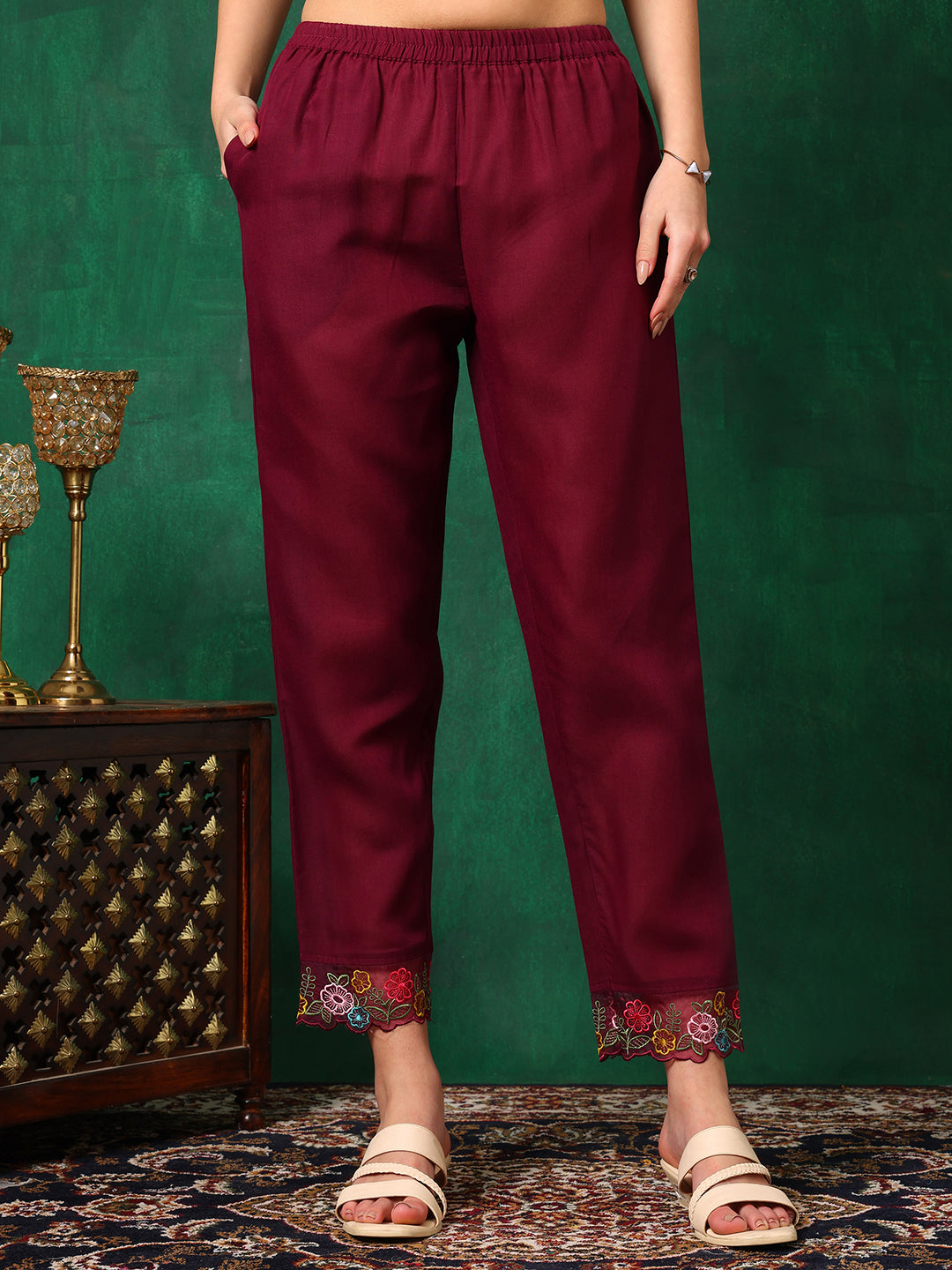 Applique Placement Embroidered Kurta With Pant & Dupatta, Wine - Hiral Fashion