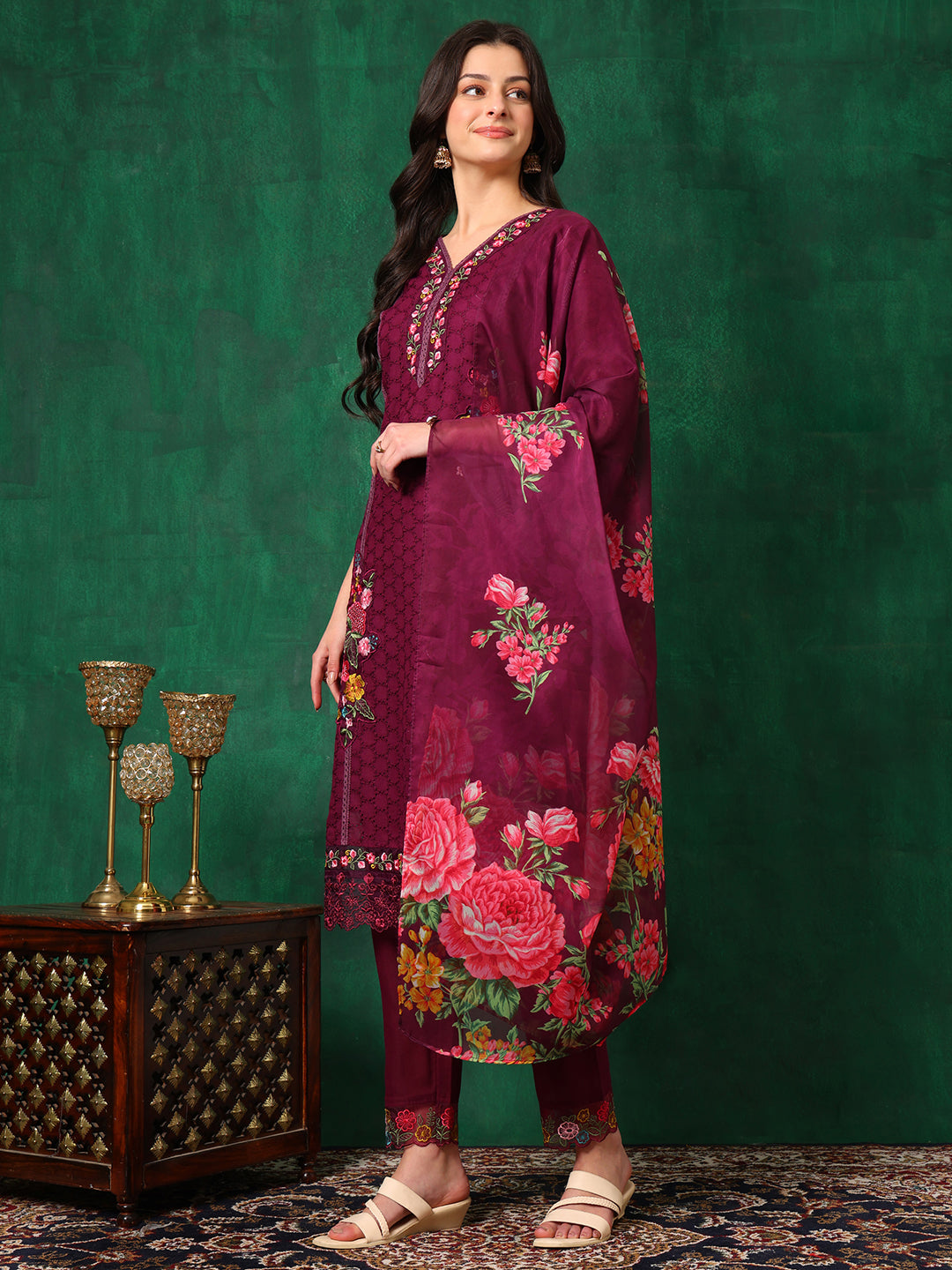 Applique Placement Embroidered Kurta With Pant & Dupatta, Wine - Hiral Fashion