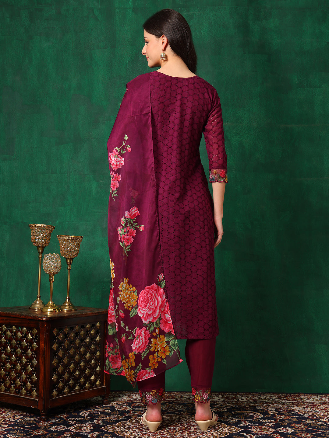 Applique Placement Embroidered Kurta With Pant & Dupatta, Wine - Hiral Fashion