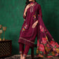 Applique Placement Embroidered Kurta With Pant & Dupatta, Wine - Hiral Fashion