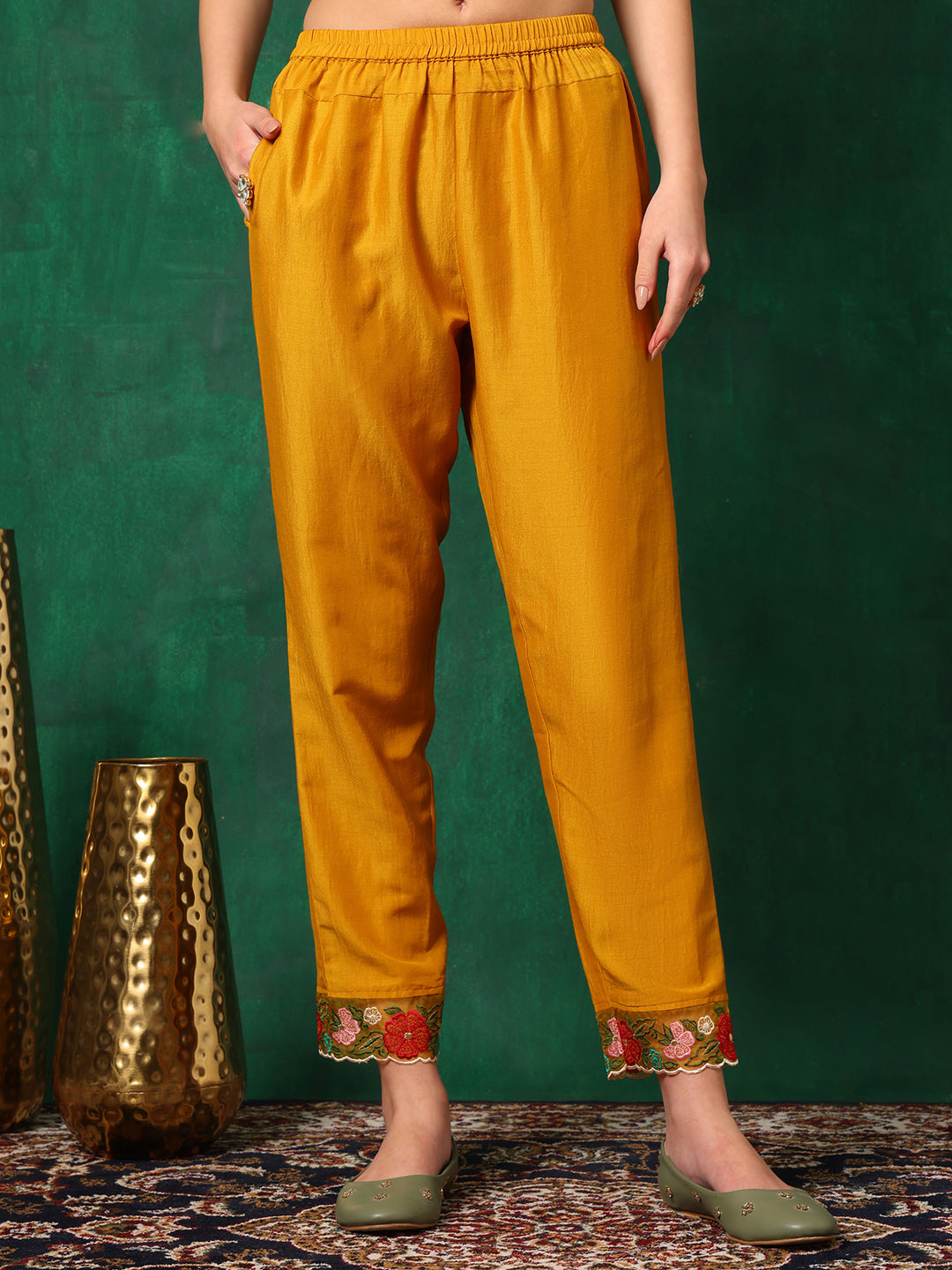 Aline Embroidered Kurta With Pant & Embroidered Dupatta, Mustard - Hiral Fashion