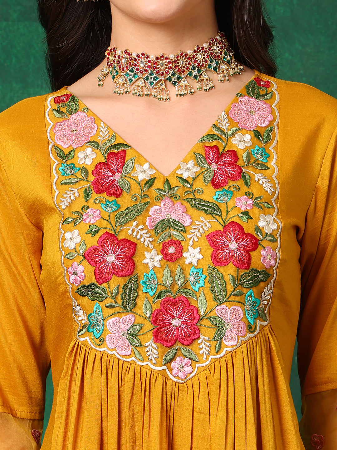 Aline Embroidered Kurta With Pant & Embroidered Dupatta, Mustard - Hiral Fashion