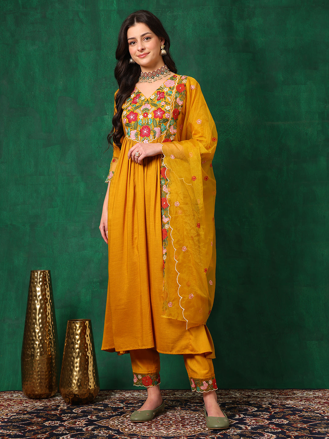 Aline Embroidered Kurta With Pant & Embroidered Dupatta, Mustard - Hiral Fashion