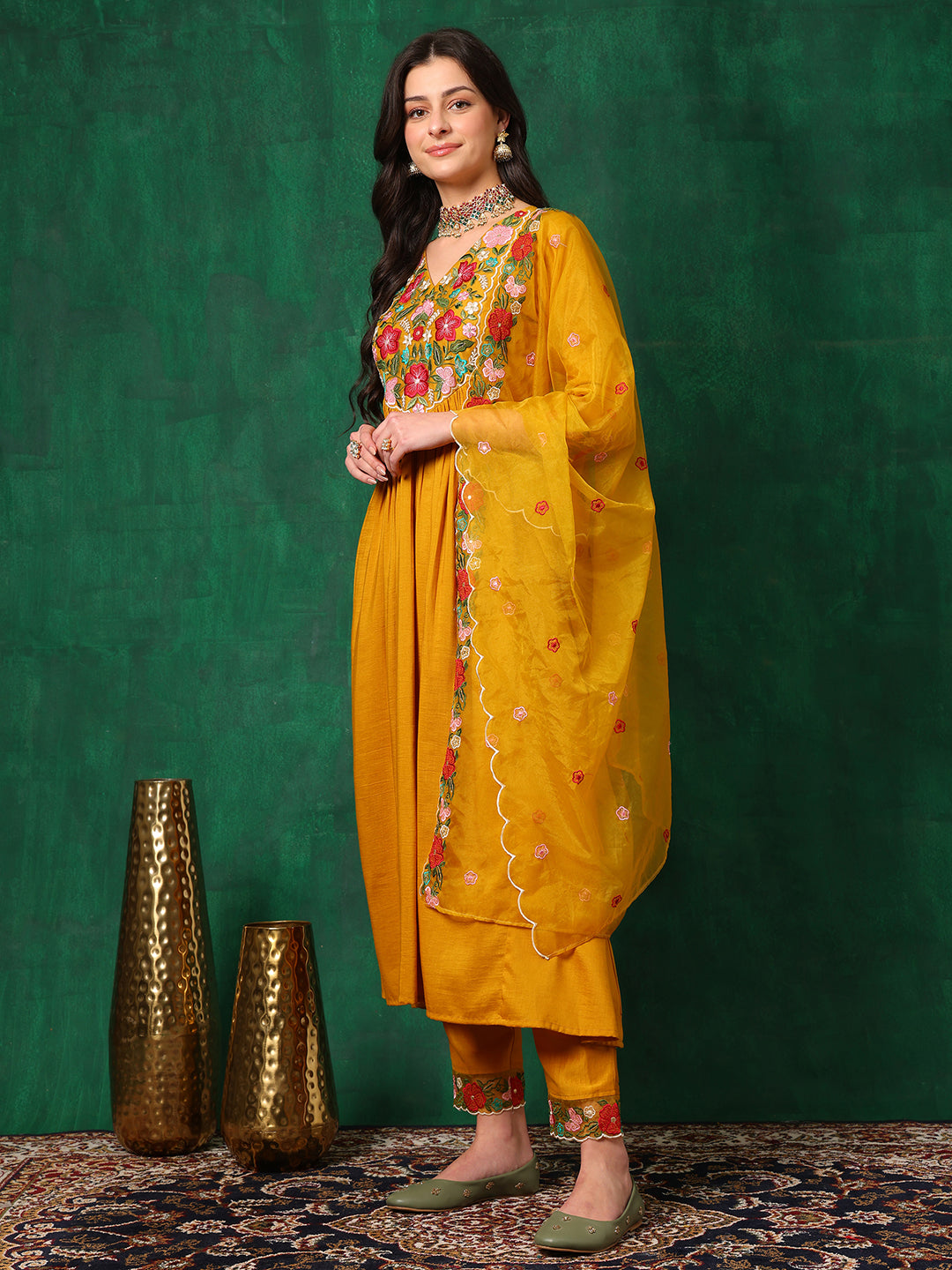 Aline Embroidered Kurta With Pant & Embroidered Dupatta, Mustard - Hiral Fashion