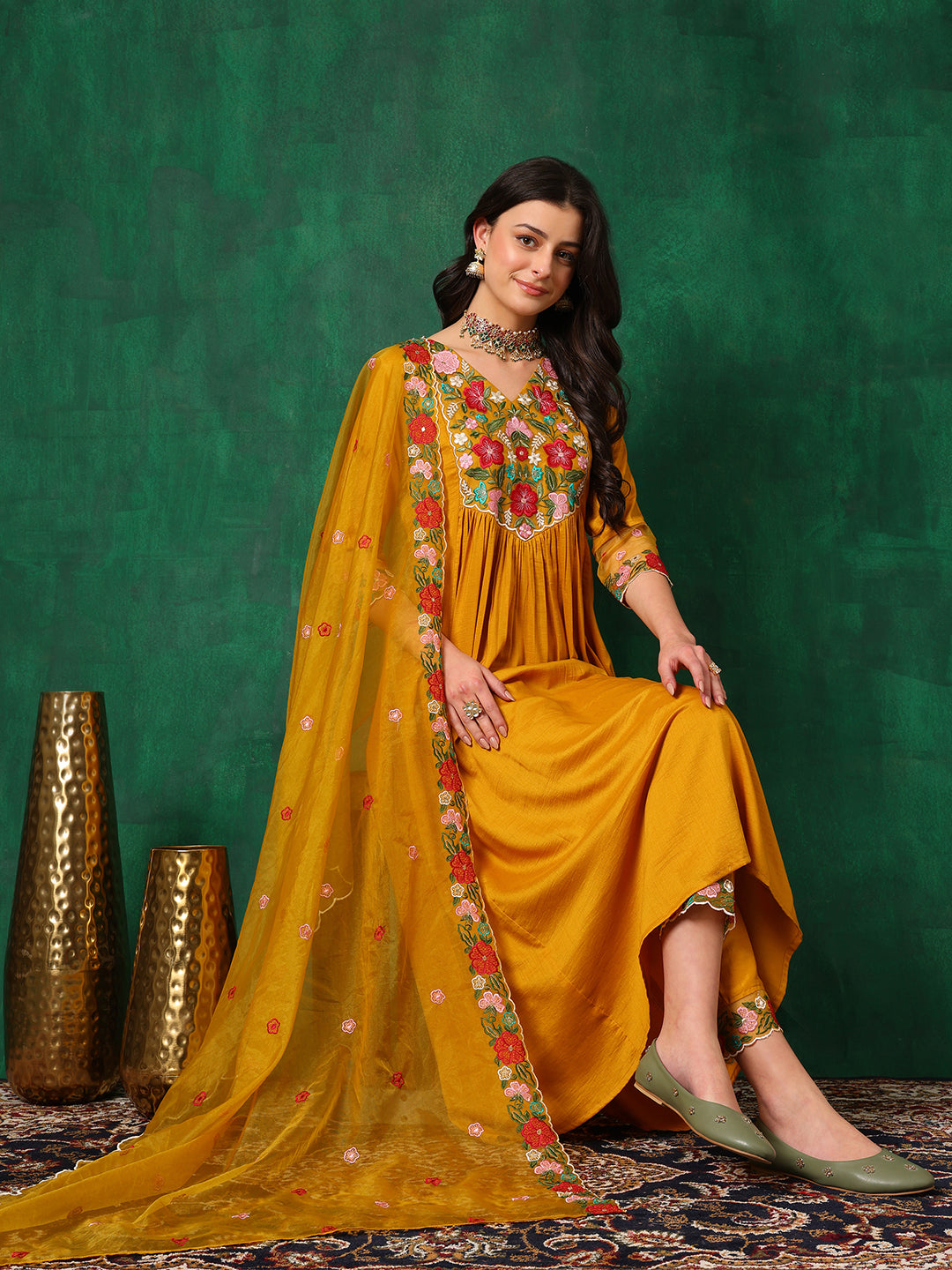 Aline Embroidered Kurta With Pant & Embroidered Dupatta, Mustard - Hiral Fashion