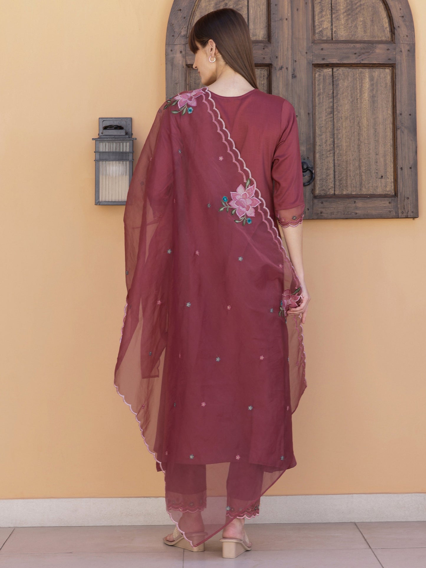 Aline Embroidered Kurta With Pant & Embroidered Dupatta, Rust - Hiral Fashion