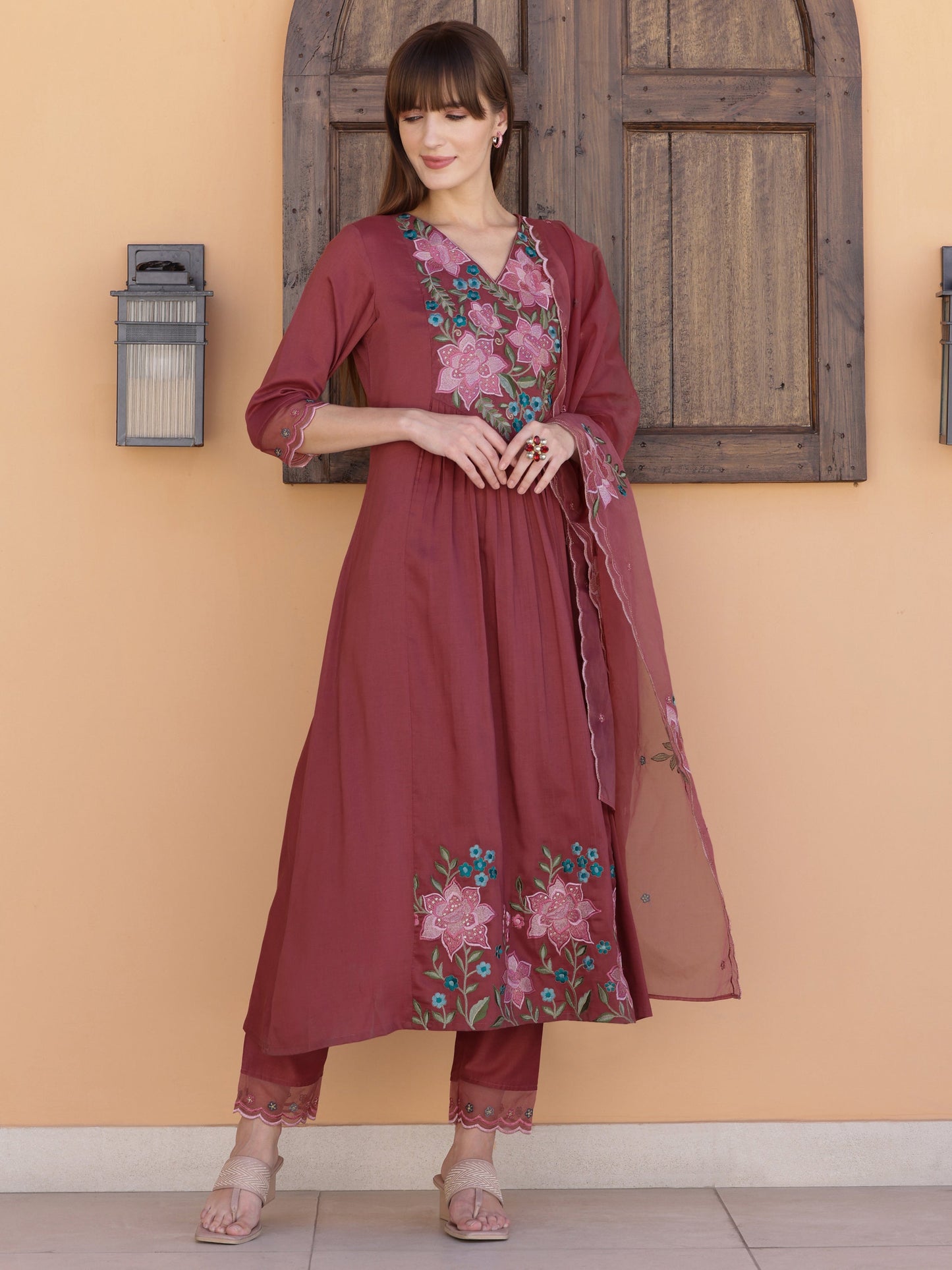 Aline Embroidered Kurta With Pant & Embroidered Dupatta, Rust - Hiral Fashion