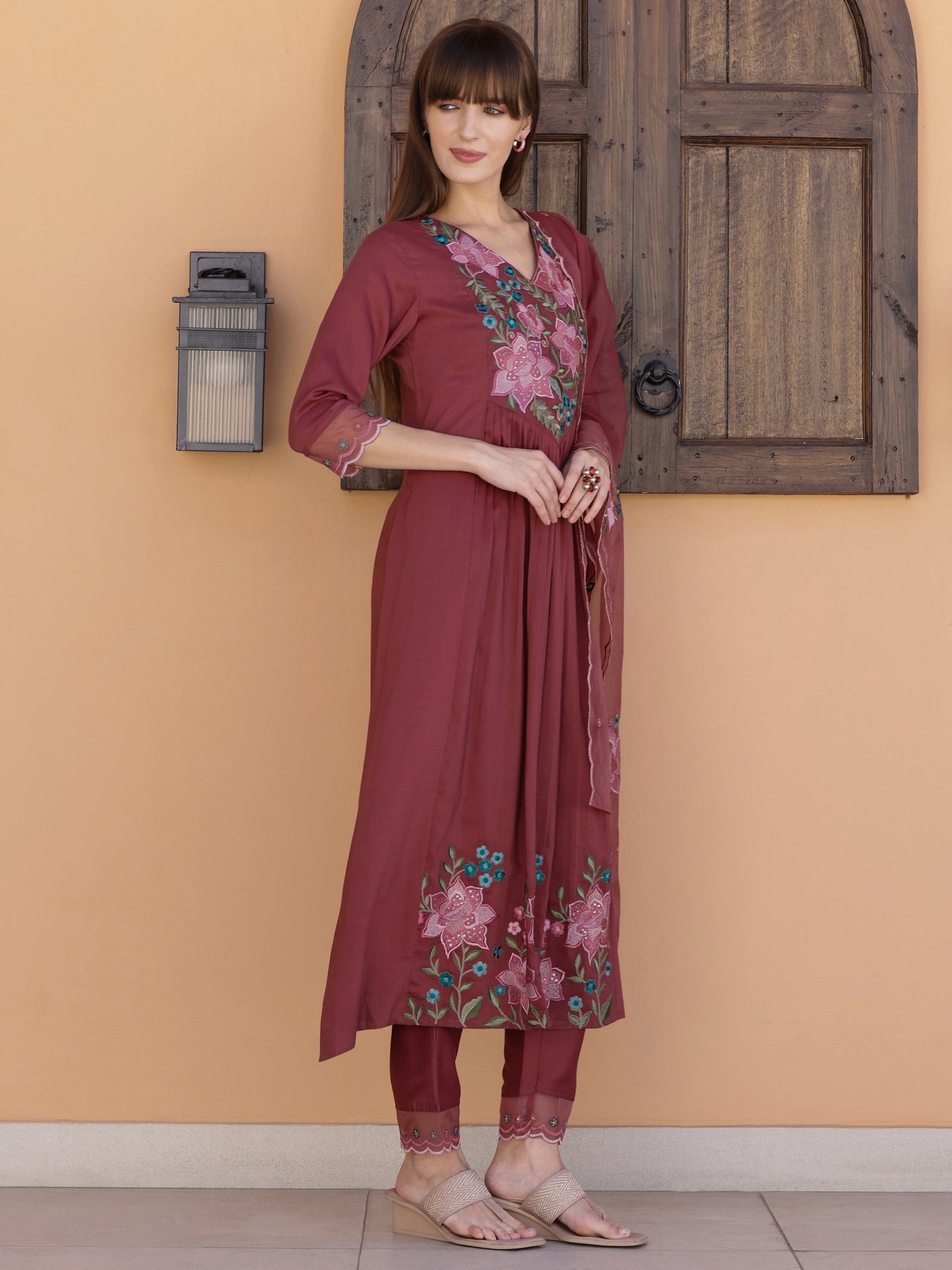 Aline Embroidered Kurta With Pant & Embroidered Dupatta, Rust - Hiral Fashion