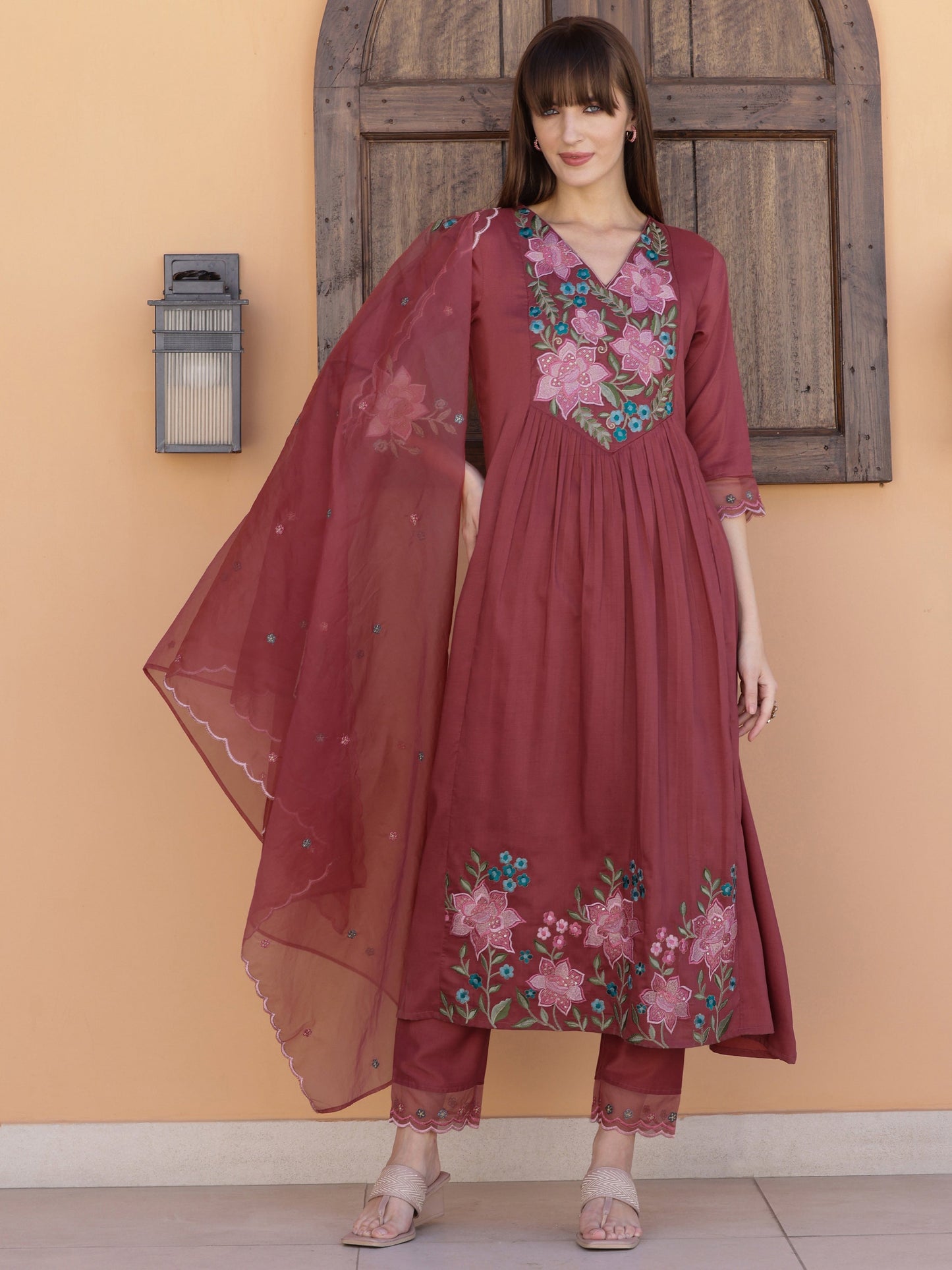 Aline Embroidered Kurta With Pant & Embroidered Dupatta, Rust - Hiral Fashion