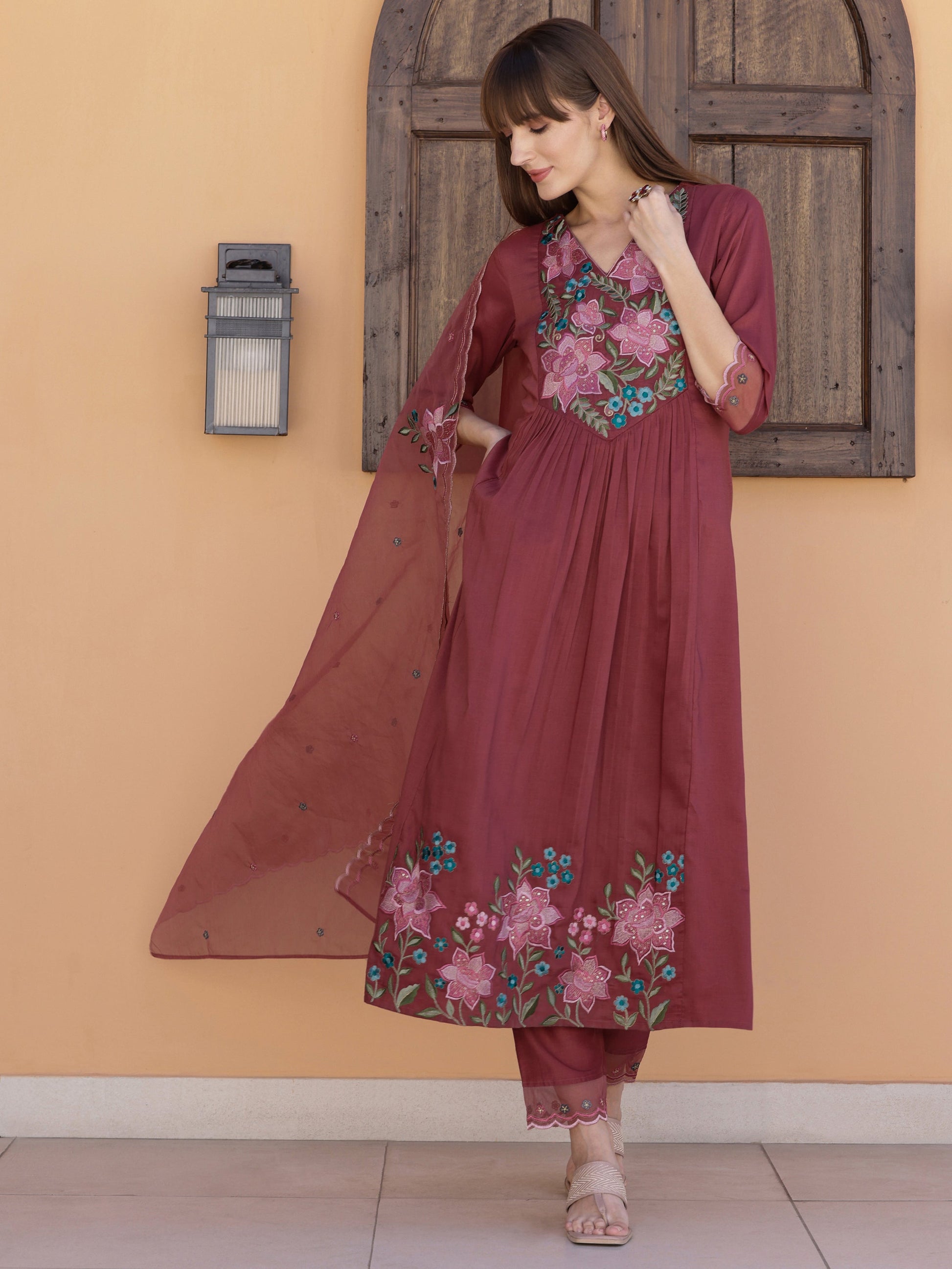 Aline Embroidered Kurta With Pant & Embroidered Dupatta, Rust - Hiral Fashion