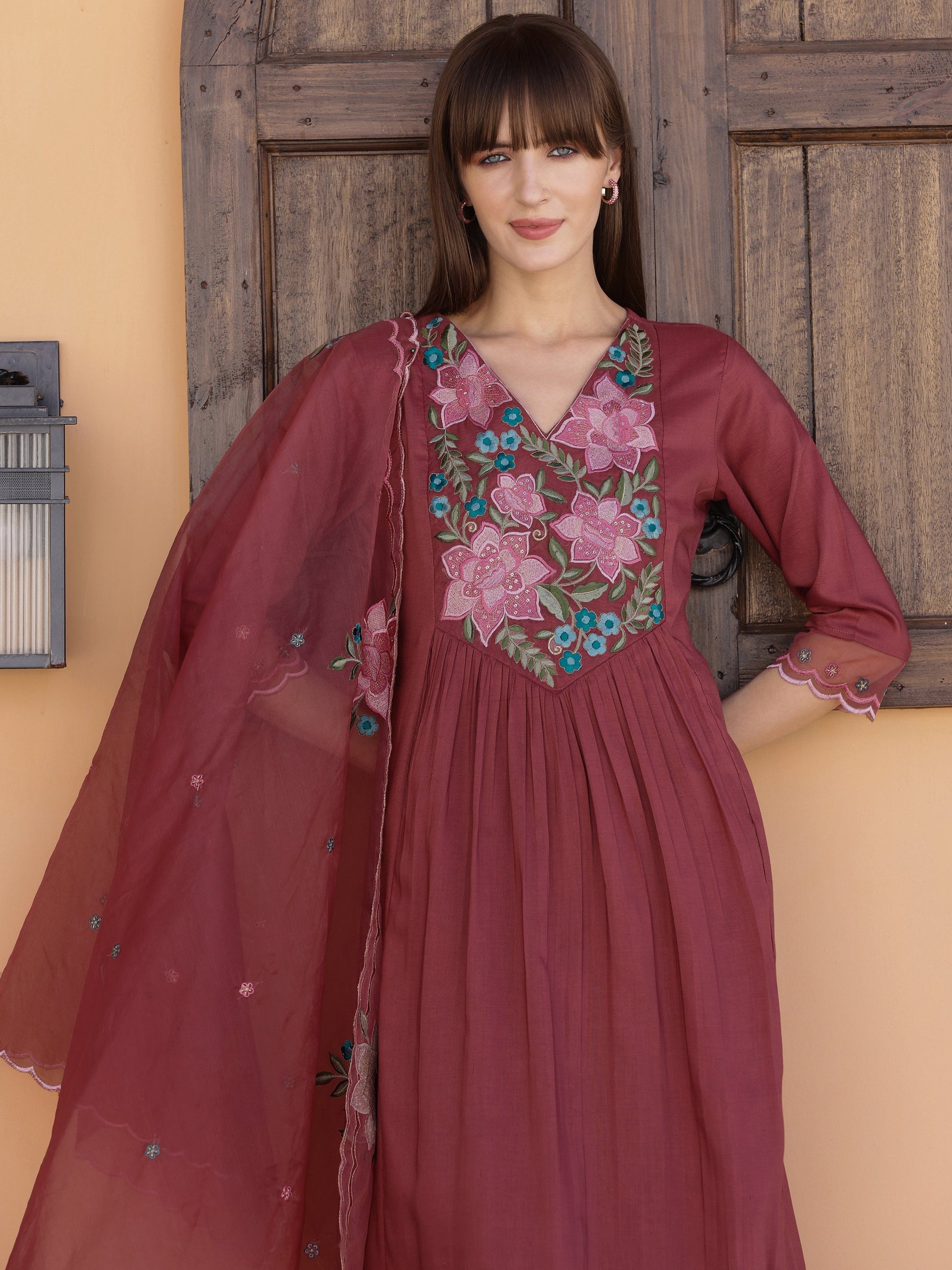 Aline Embroidered Kurta With Pant & Embroidered Dupatta, Rust - Hiral Fashion