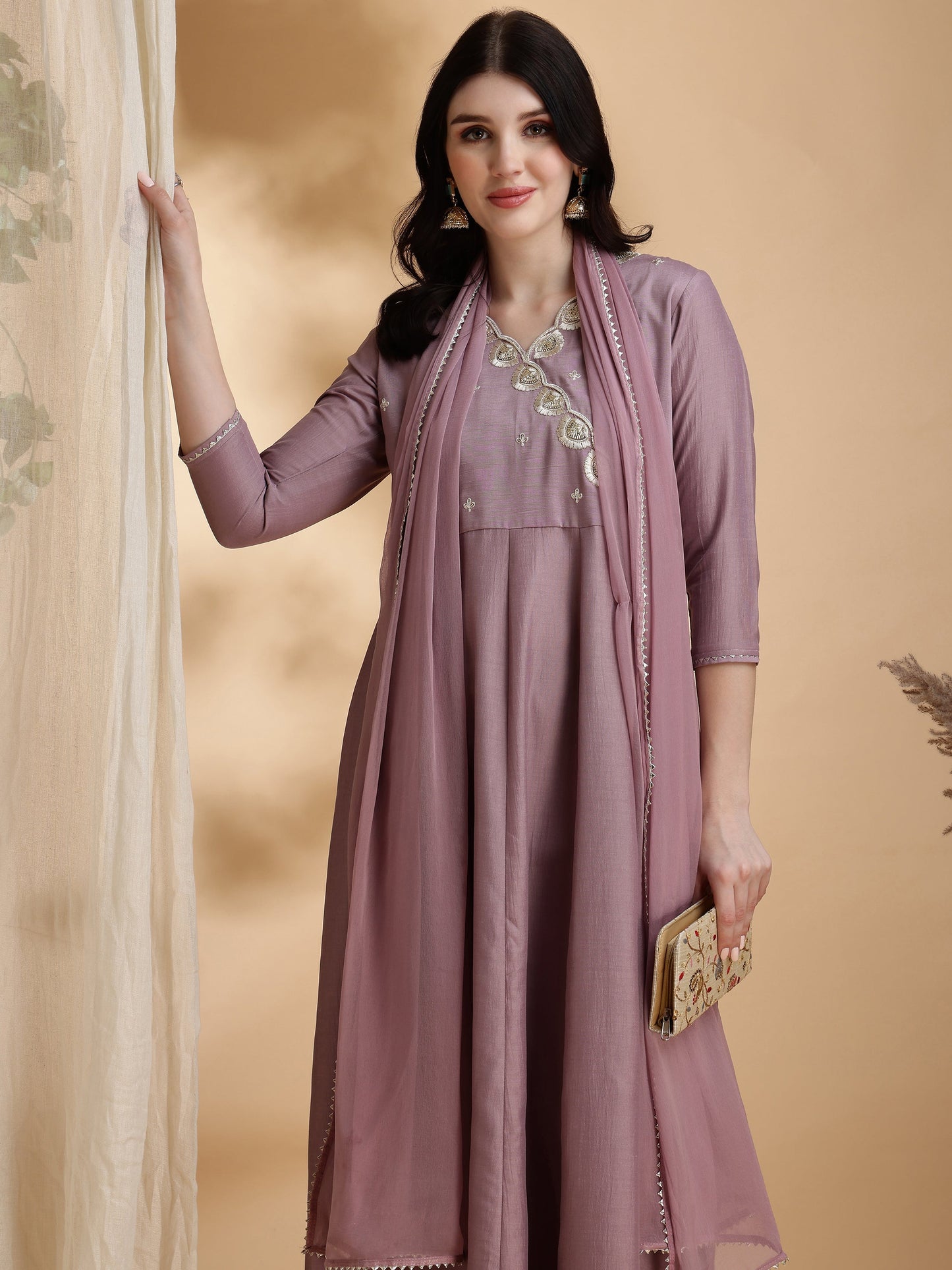 Angrakha Style Embroidered Anarkali Kurta With Pant & Dupatta, Mauve - Hiral Fashion