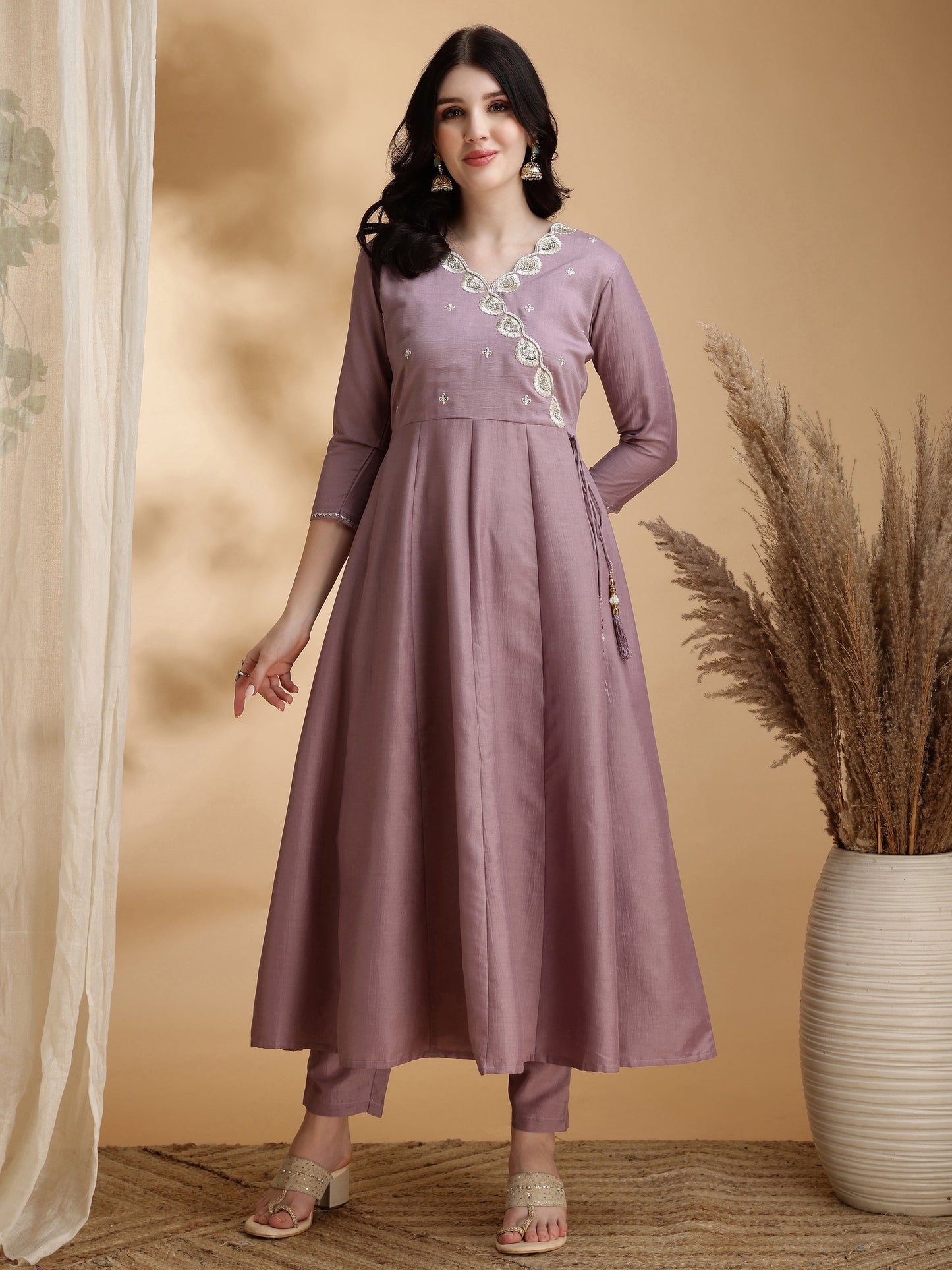 Angrakha Style Embroidered Anarkali Kurta With Pant & Dupatta, Mauve - Hiral Fashion