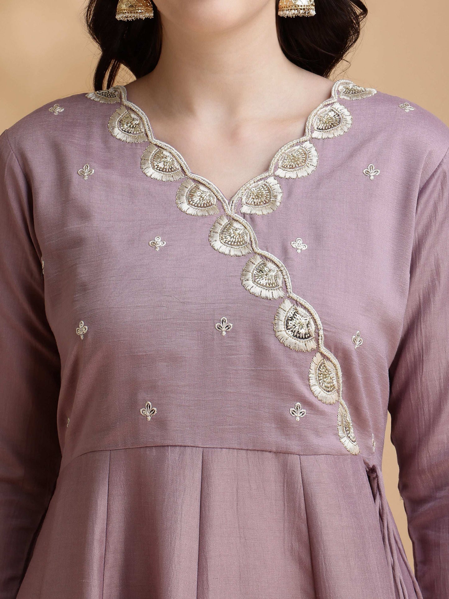 Angrakha Style Embroidered Anarkali Kurta With Pant & Dupatta, Mauve - Hiral Fashion