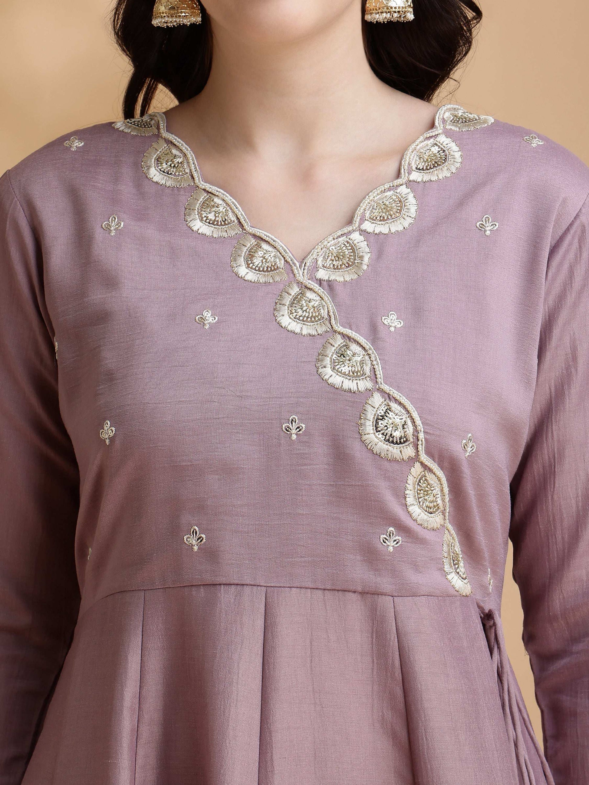 Angrakha Style Embroidered Anarkali Kurta With Pant & Dupatta, Mauve - Hiral Fashion