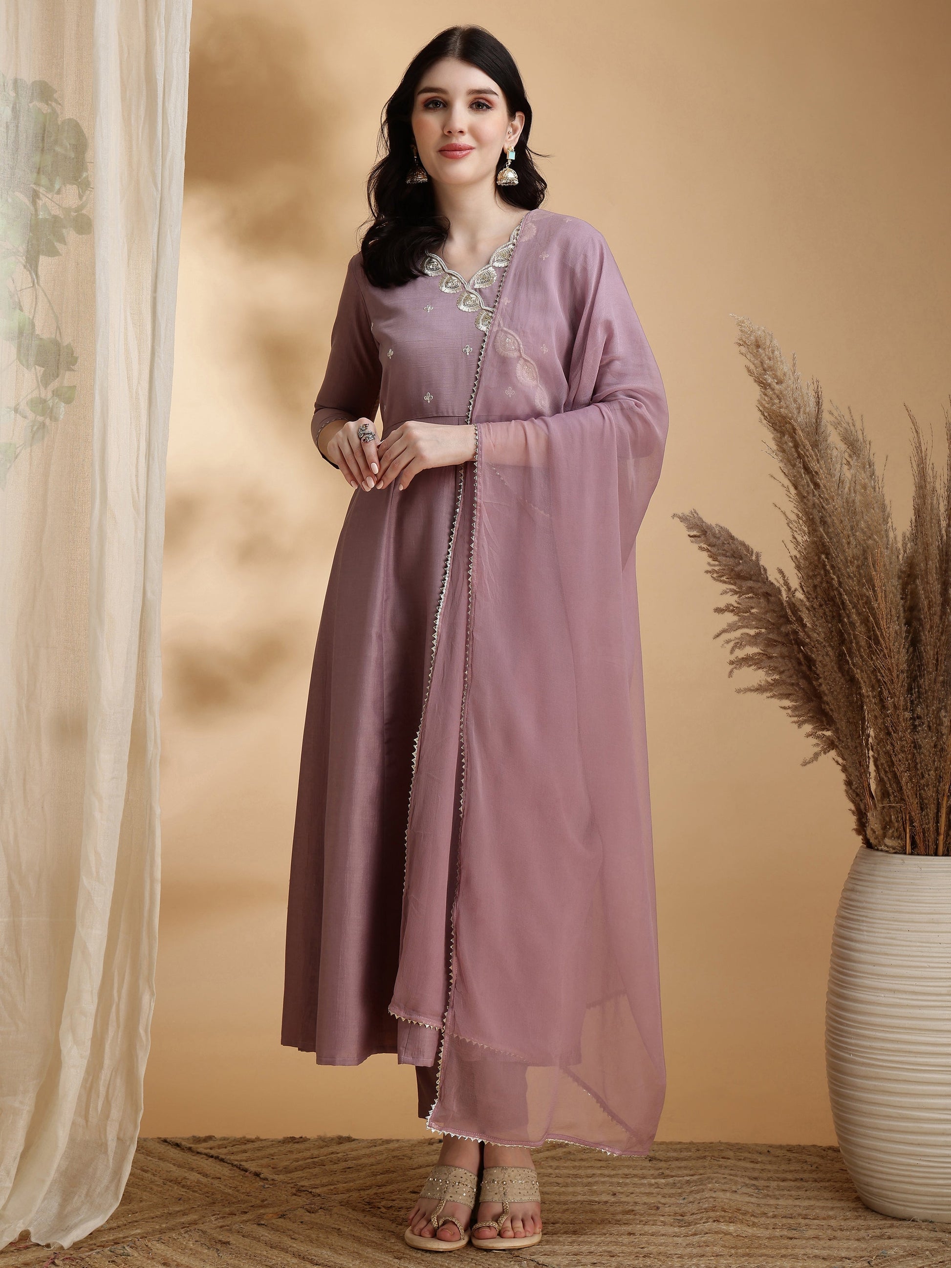 Angrakha Style Embroidered Anarkali Kurta With Pant & Dupatta, Mauve - Hiral Fashion