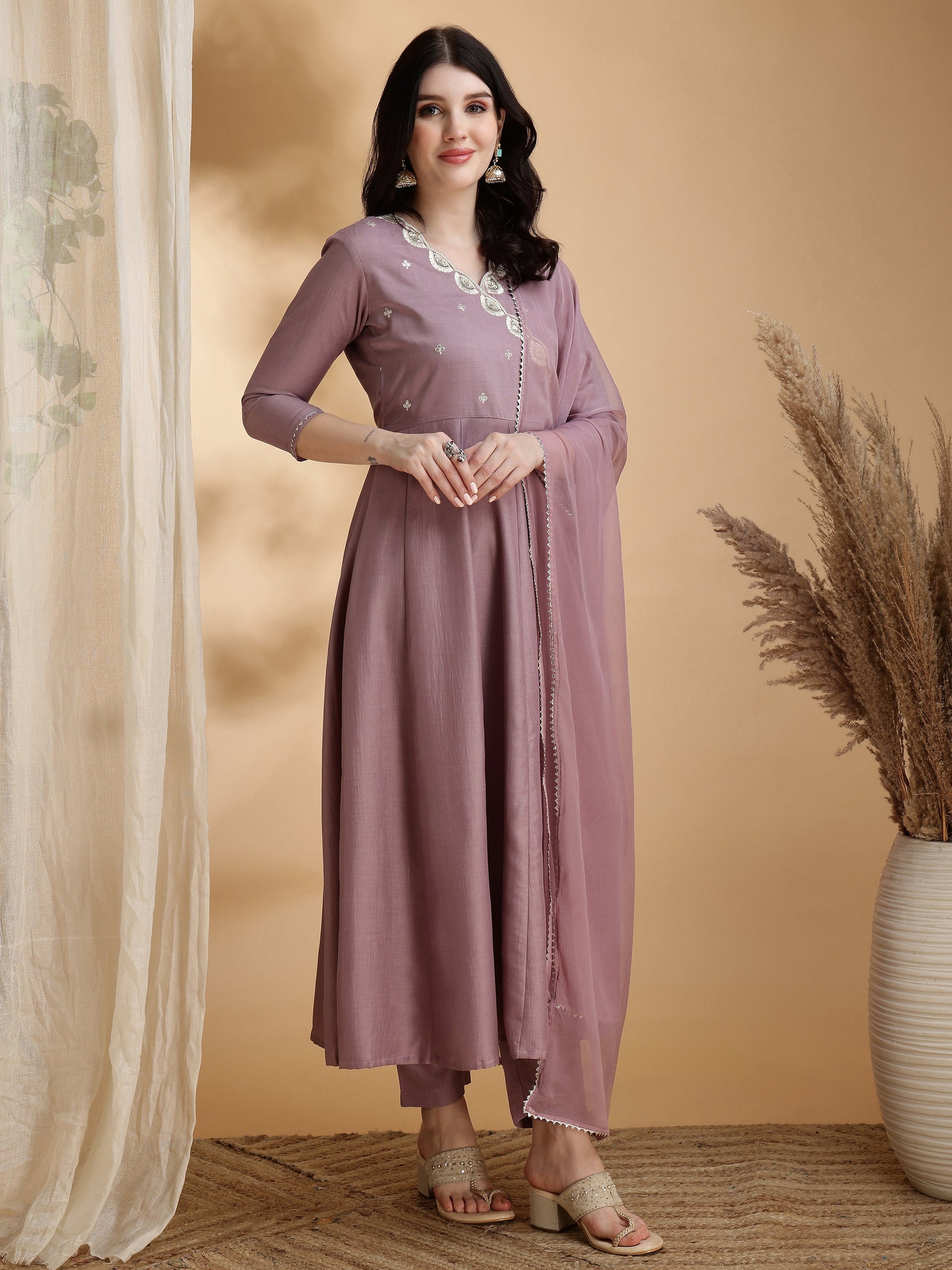 Angrakha Style Embroidered Anarkali Kurta With Pant & Dupatta, Mauve - Hiral Fashion