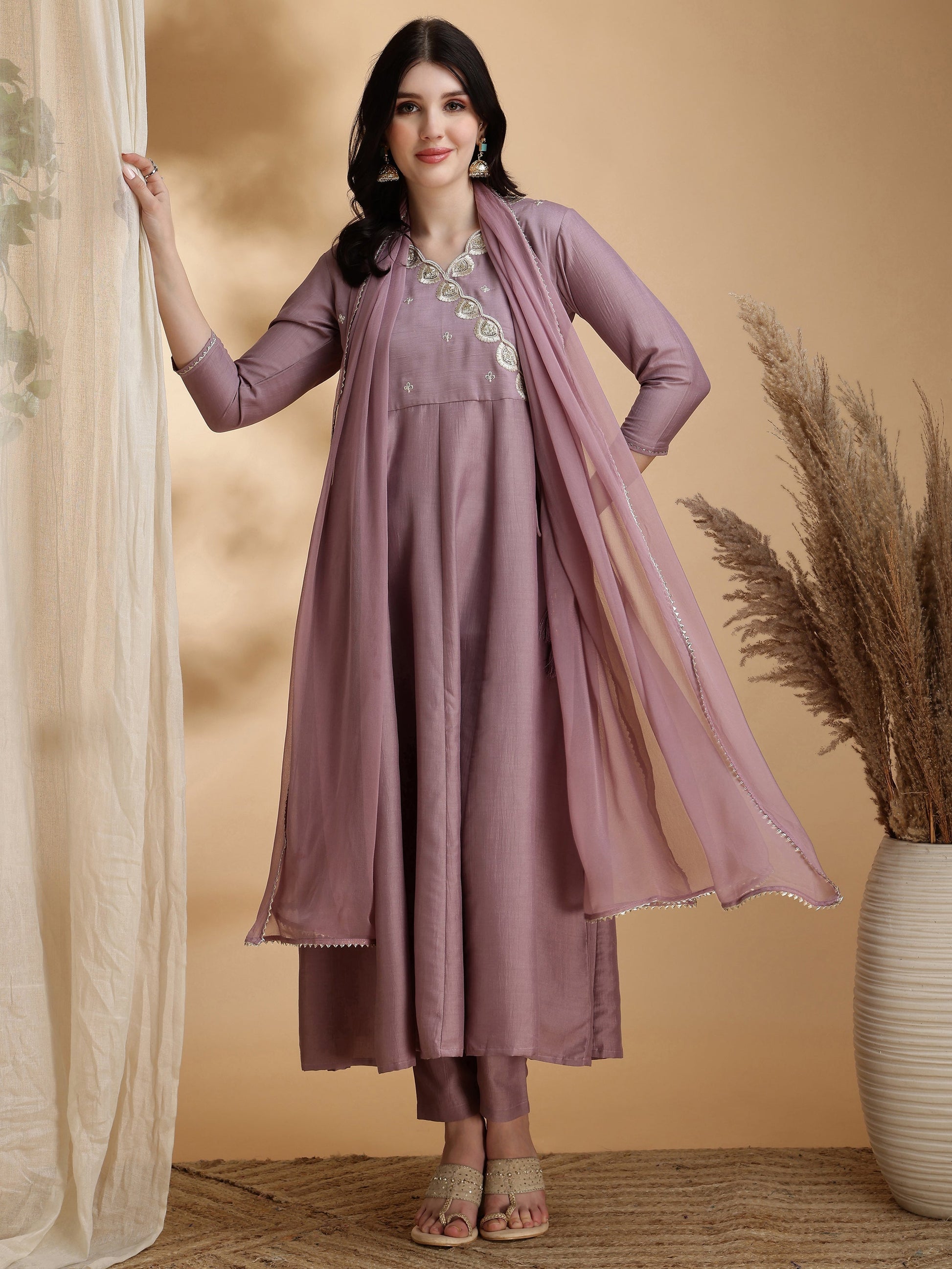 Angrakha Style Embroidered Anarkali Kurta With Pant & Dupatta, Mauve - Hiral Fashion