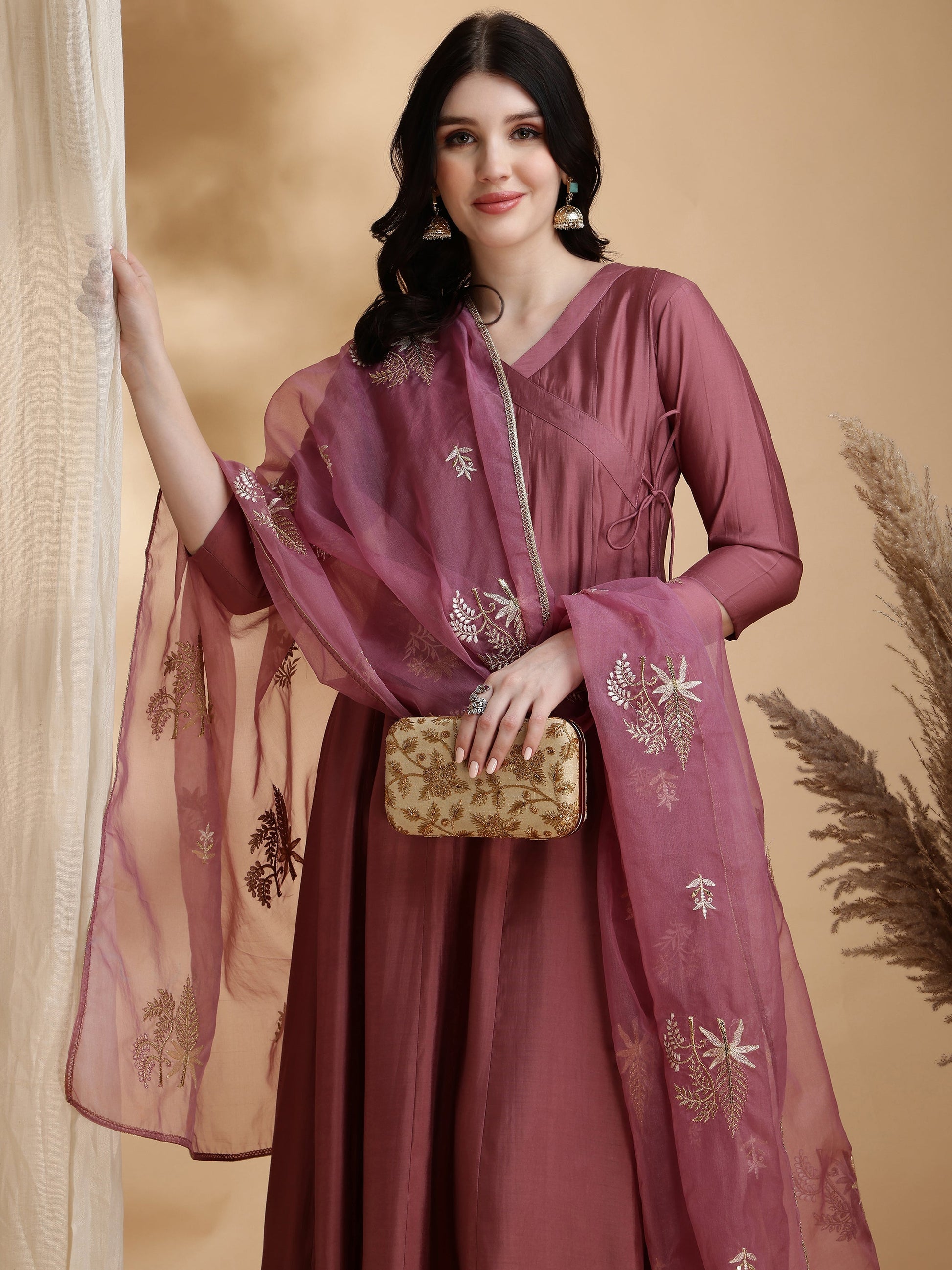 Angarkha Style Kurta With Pant & Embroidered Organza Dupatta, Mauve - Hiral Fashion