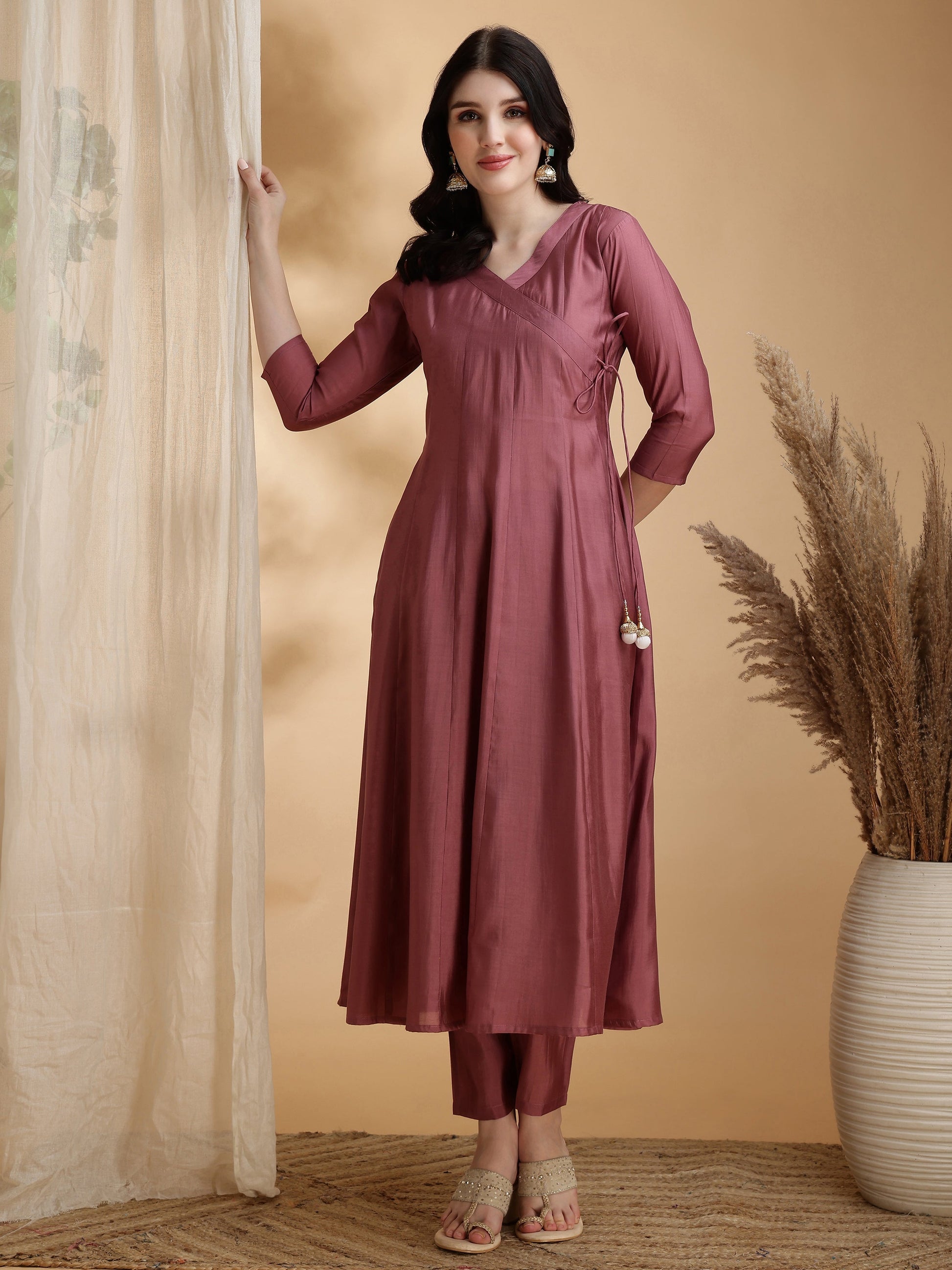 Angarkha Style Kurta With Pant & Embroidered Organza Dupatta, Mauve - Hiral Fashion