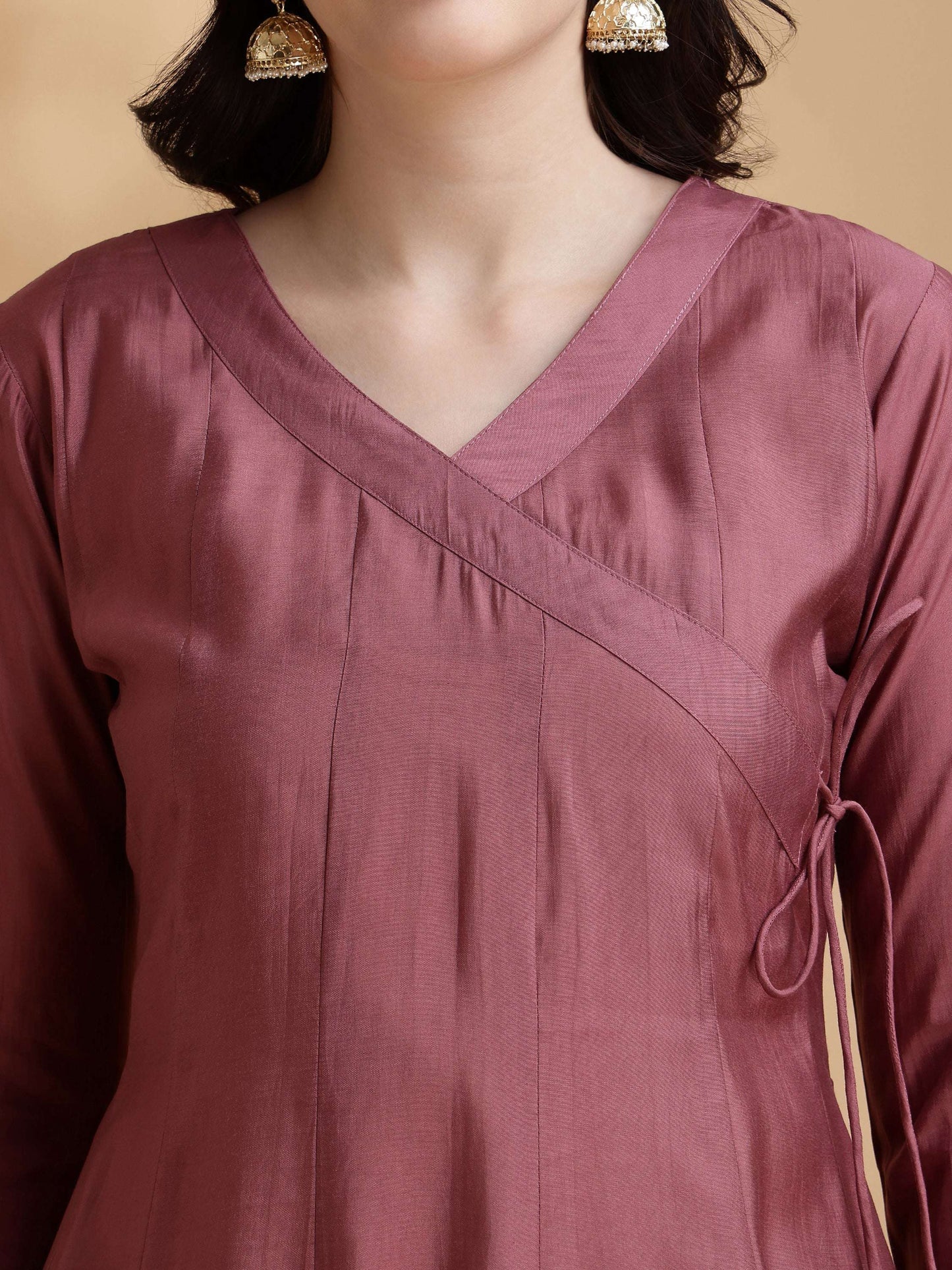 Angarkha Style Kurta With Pant & Embroidered Organza Dupatta, Mauve - Hiral Fashion