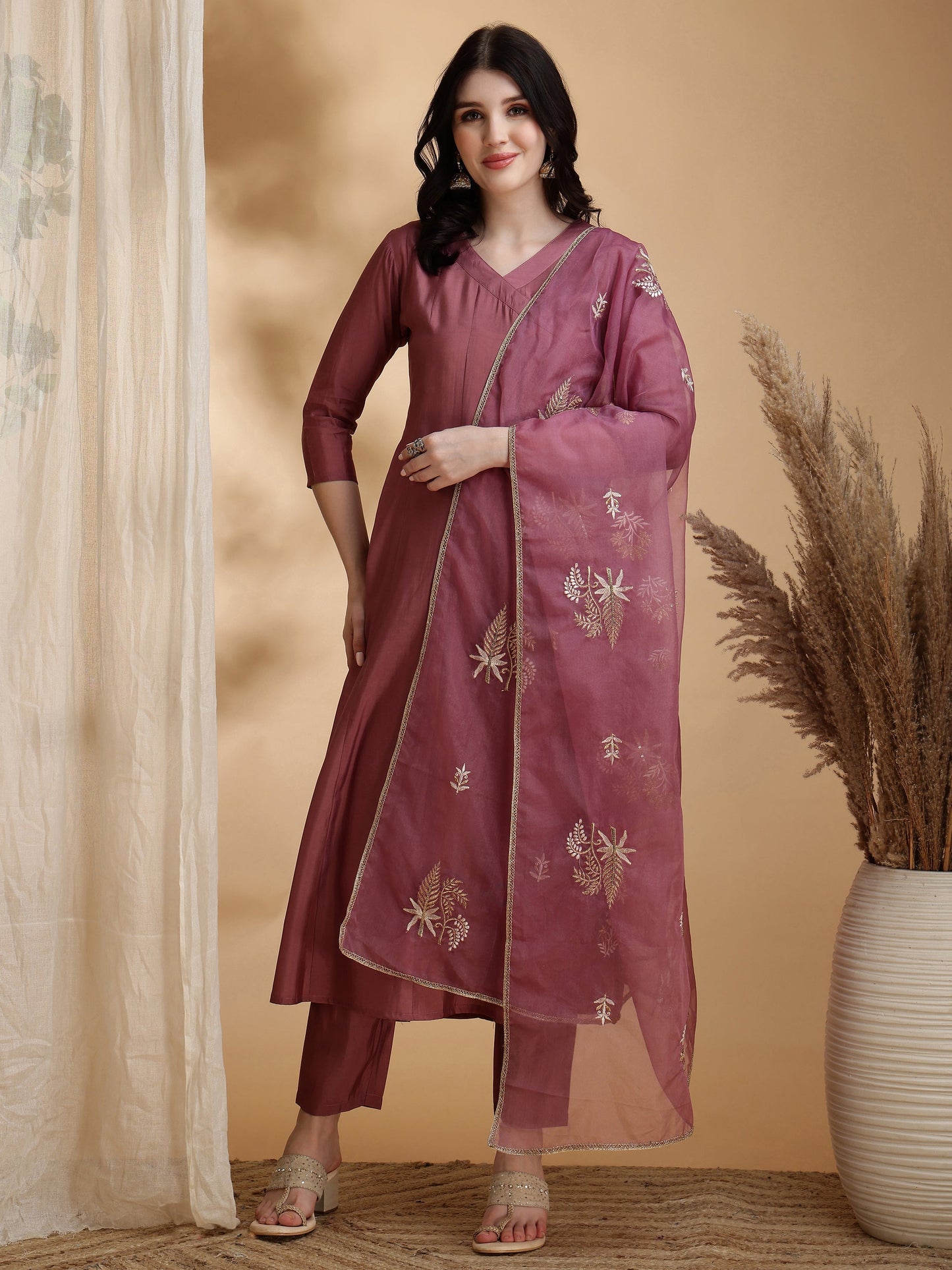 Angarkha Style Kurta With Pant & Embroidered Organza Dupatta, Mauve - Hiral Fashion